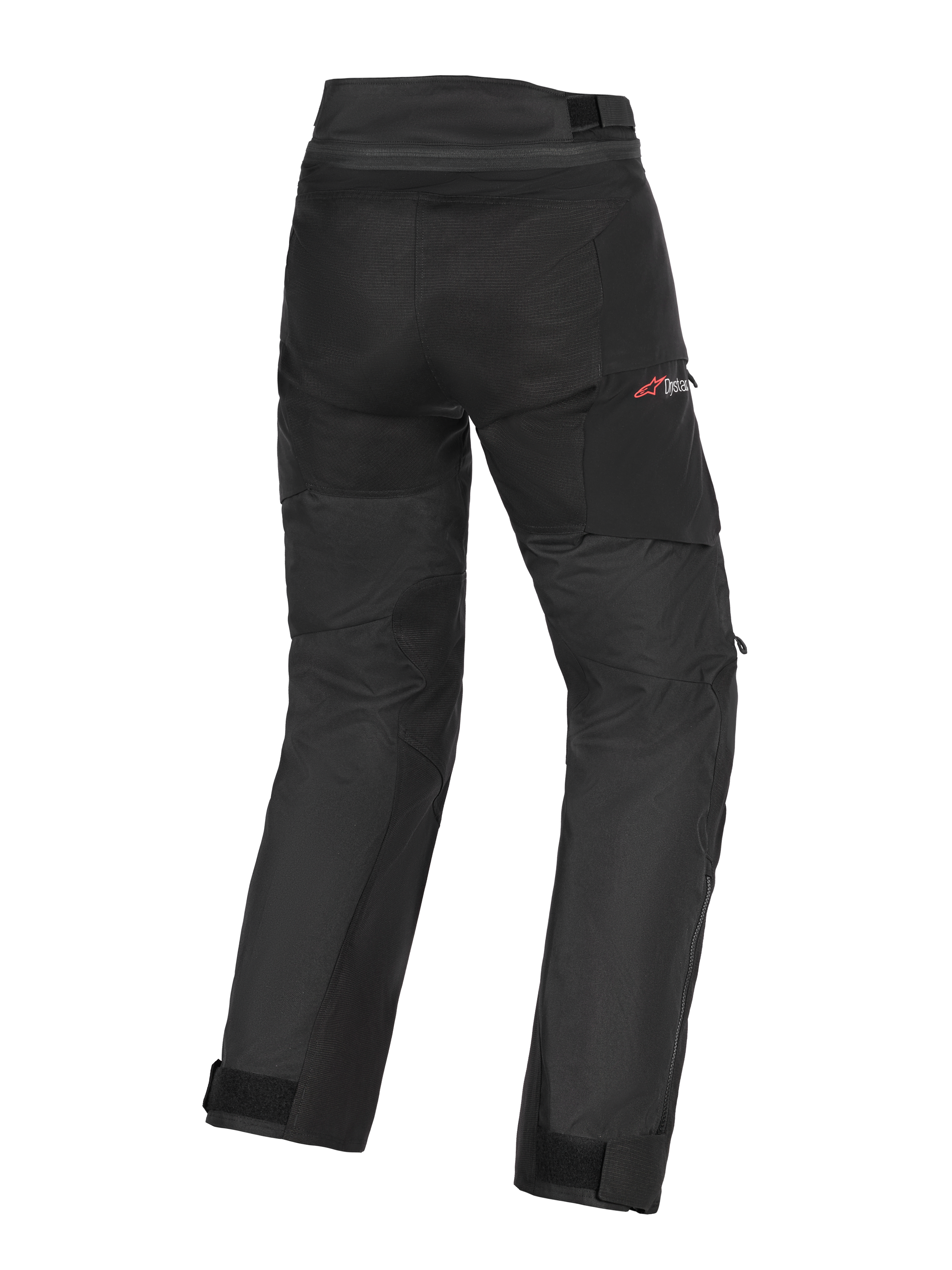 Alpinestars Andes V4 Drystar® Hose - Kurz, Motorradhose, Schwarz, Rückansicht mit verstärkten Gesäß- und Beinbahnen, rotes Drystar-Logo auf der Hüfte, verstellbare Taillen- und Knöchelriemen, strapazierfähige Textilkonstruktion für Adventure-Touring