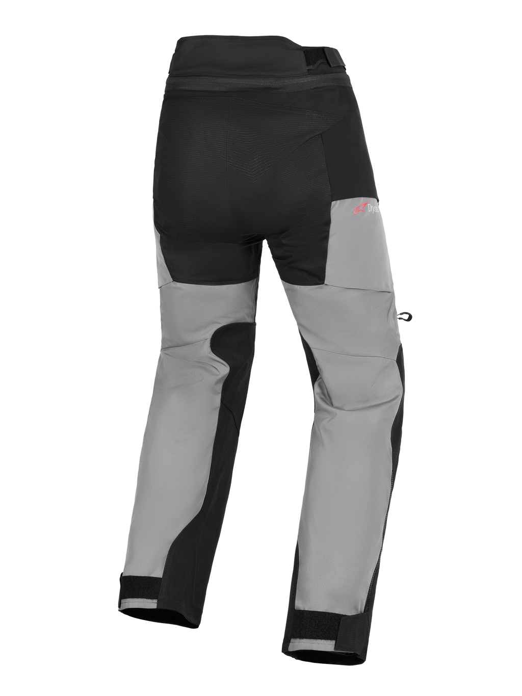 Alpinestars Andes V4 Drystar® Hose, Adventure-Motorradhose, Schwarz und Dunkelgrau, Rückansicht mit verstärkten Gesäßpaneelen, rotem Drystar-Branding an der Hüfte und verstellbaren Klettverschlüssen an den Knöcheln.