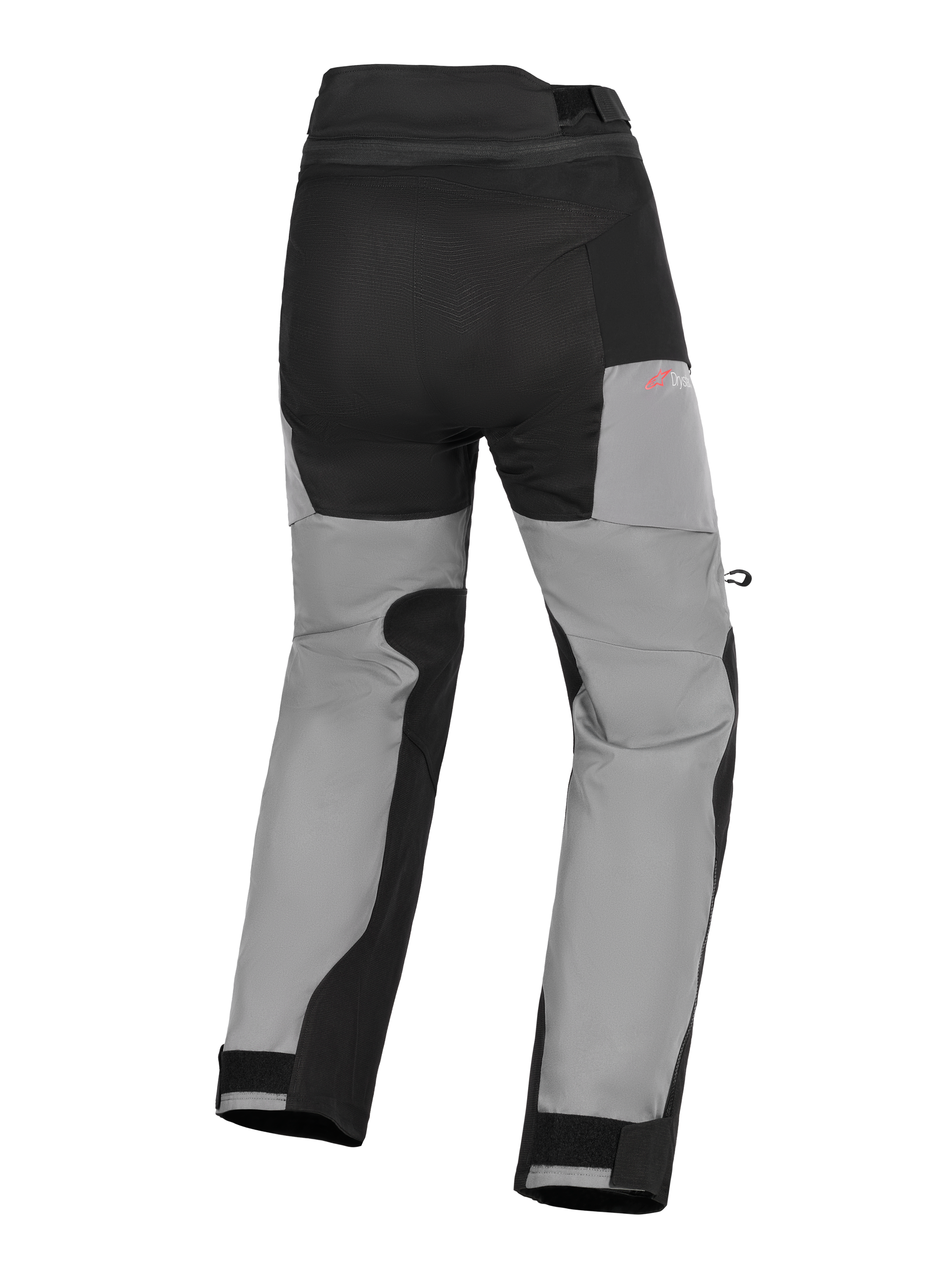 Alpinestars Andes V4 Drystar® Hose, Adventure-Motorradhose, Schwarz und Dunkelgrau, Rückansicht mit verstärkten Gesäßpaneelen, rotem Drystar-Branding an der Hüfte und verstellbaren Klettverschlüssen an den Knöcheln.