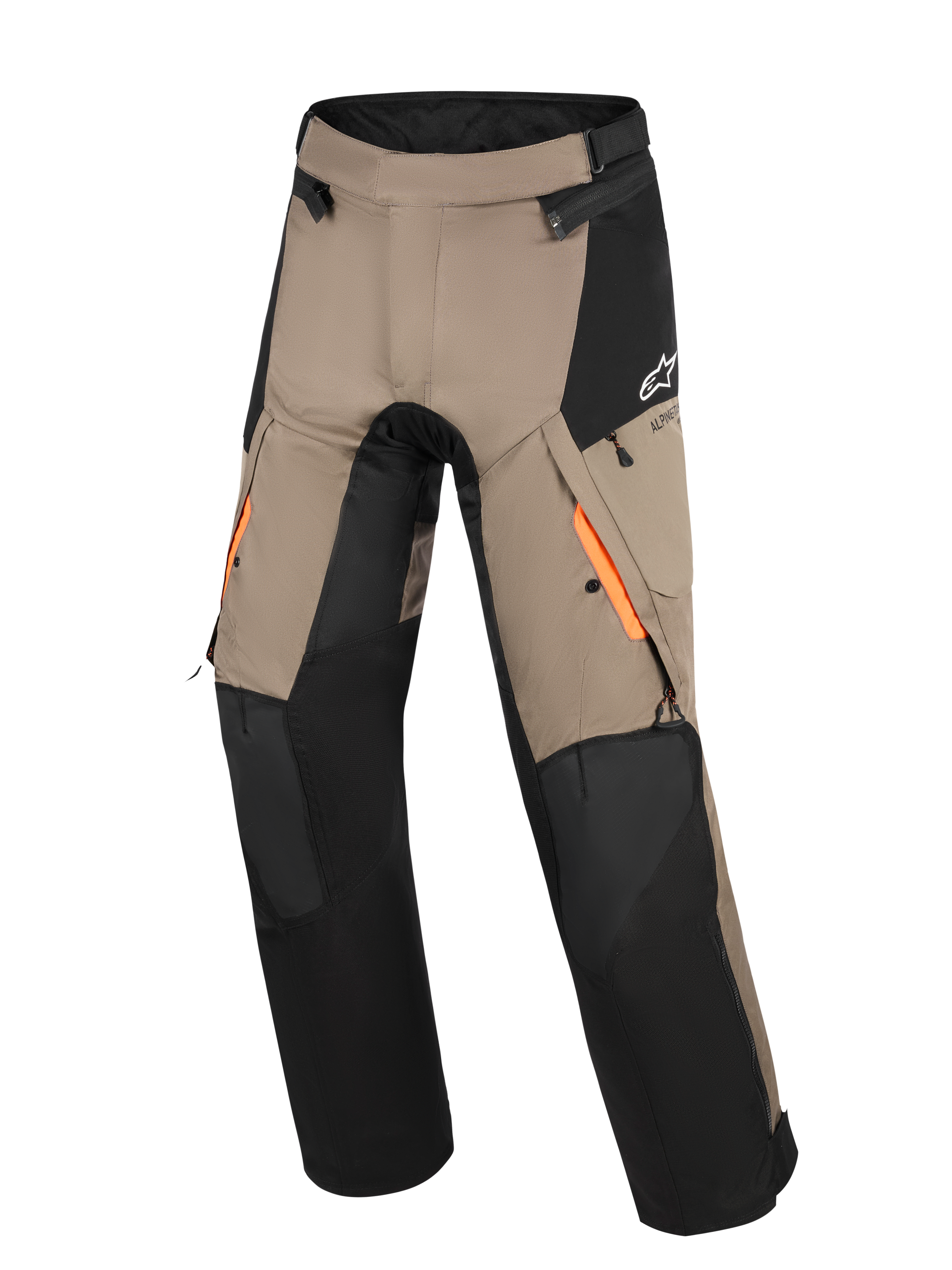 Alpinestars Andes V4 Drystar® Pants, Adventure Touring Pants, Walnut and Black, featuring orange accents on thigh ventilation openings, reinforced knee panels, and water-resistant cargo pockets.