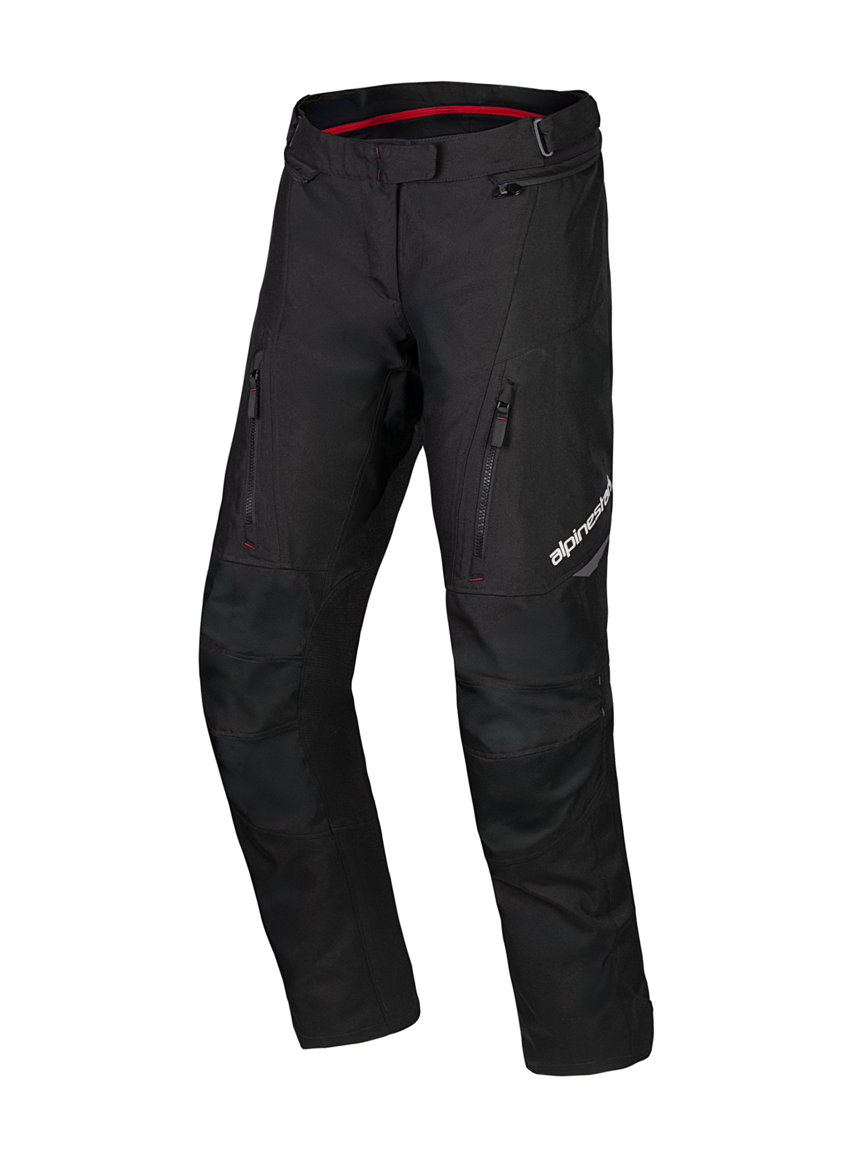 Alpinestars Honda ST-1 Waterproof Pants, Motorcycle Touring Pants, Black with red interior detail, zippered cargo pockets on thighs, ergonomic pre-curved legs with reinforced knees, textile waterproof adventure gear