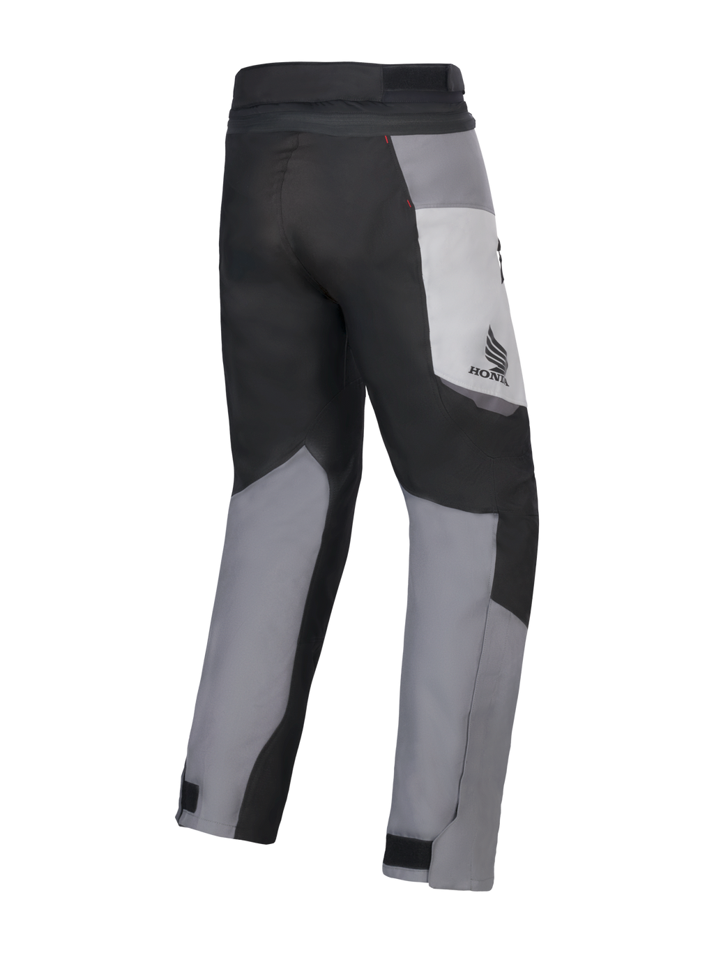 Alpinestars Honda St-1 wasserdichte Hose, Motorrad-Tourenhose, Ice Gray, Dunkelgrau und Schwarz, Rückansicht mit Multi-Panel-Textildesign, Honda-Logo am Oberschenkel und verstellbaren Knöchelverschlüssen für Fahrten bei jedem Wetter.