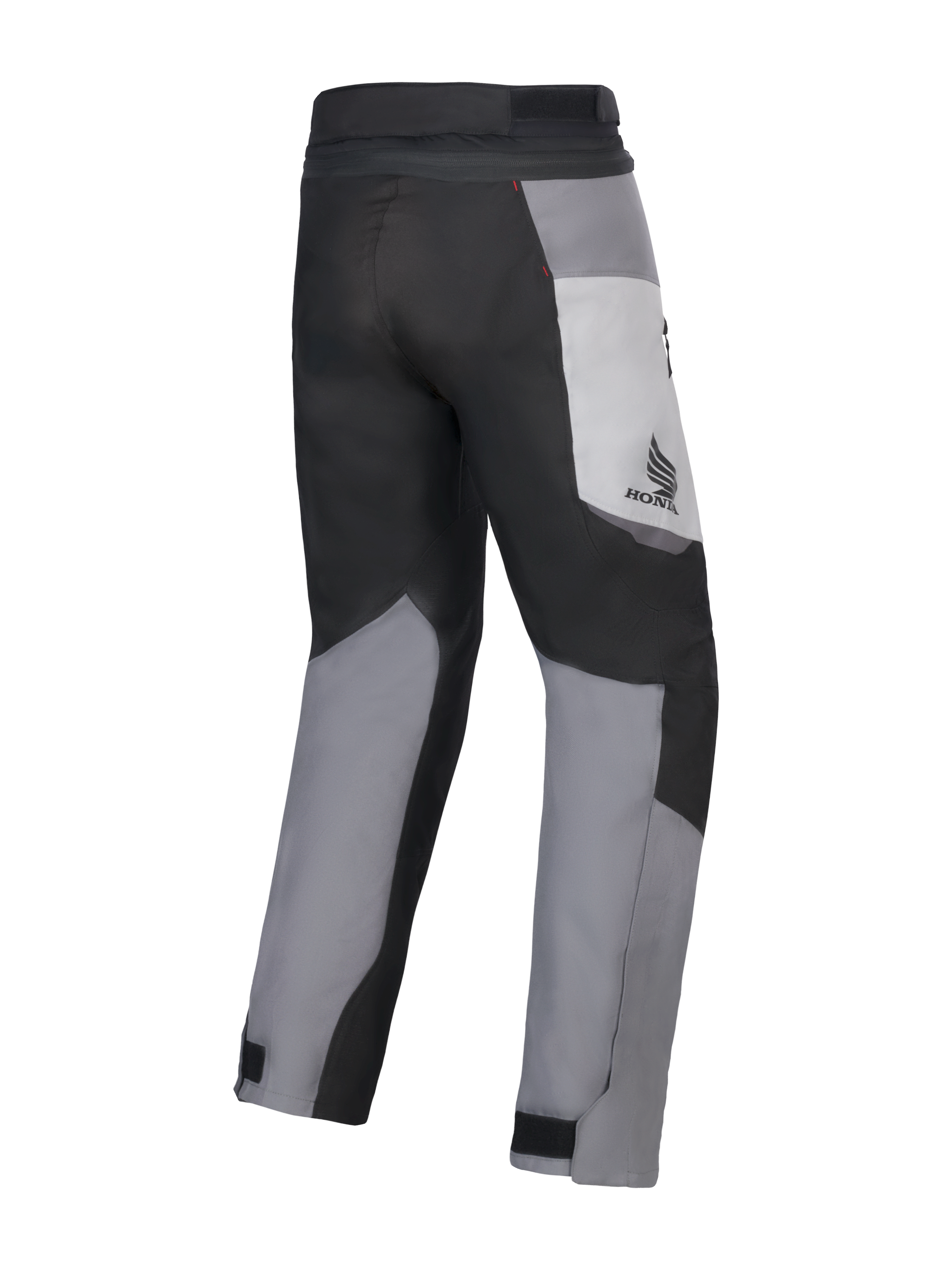 Alpinestars Honda St-1 wasserdichte Hose, Motorrad-Tourenhose, Ice Gray, Dunkelgrau und Schwarz, Rückansicht mit Multi-Panel-Textildesign, Honda-Logo am Oberschenkel und verstellbaren Knöchelverschlüssen für Fahrten bei jedem Wetter.