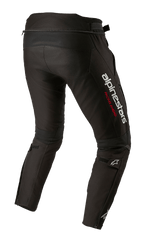 Alpinestars T-SP R Drystar® Pants, Black textile motorcycle pants, rear three-quarter view showing a large white Alpinestars logo with 'RACING AHEAD' in red on the thigh, featuring ankle zippers and adjustable calf straps.