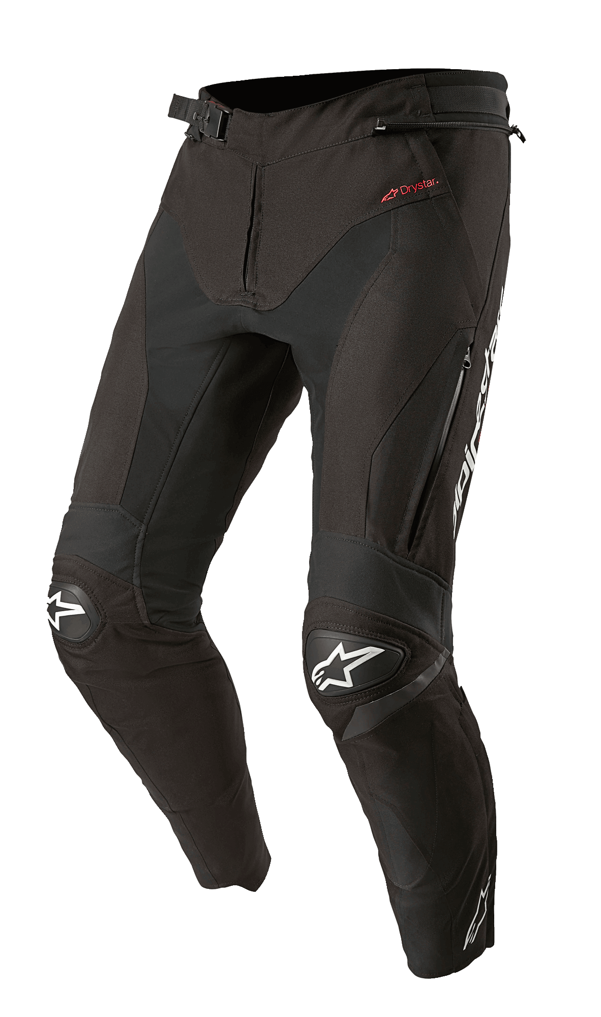 Alpinestars T-SP R Drystar Pants, Black Textile Motorcycle Sport-Touring Pants, featuring reinforced knee pads with white star logos, red Drystar branding on the hip, zippered thigh vents, and adjustable buckle waist, designed with an articulated race-inspired fit.