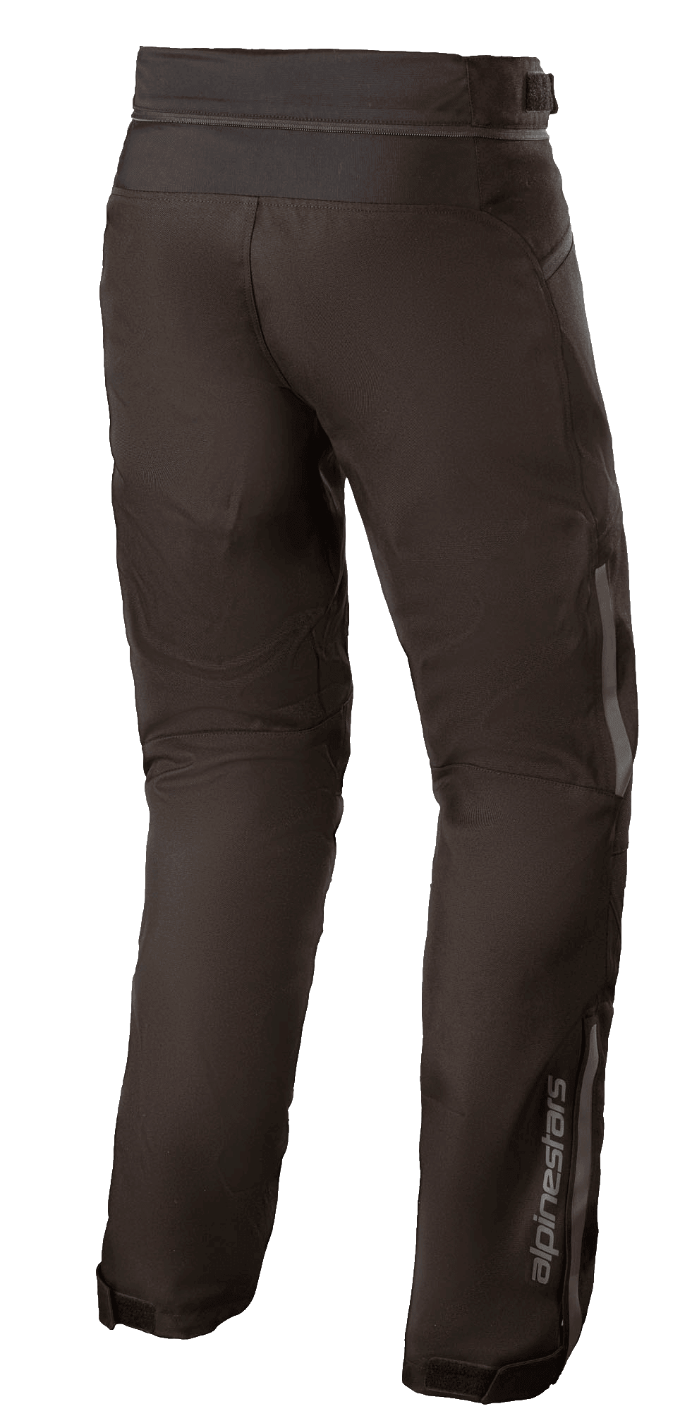 Alpinestars AST-1 V2 wasserdichte Hose, Schwarz, Textil-Motorradhose, Rückansicht mit reflektierenden Details, Alpinestars-Logo am Unterschenkel, Taillenverbindungsreißverschluss und verstellbare Beinabschlüsse für Allwetter-Schutz