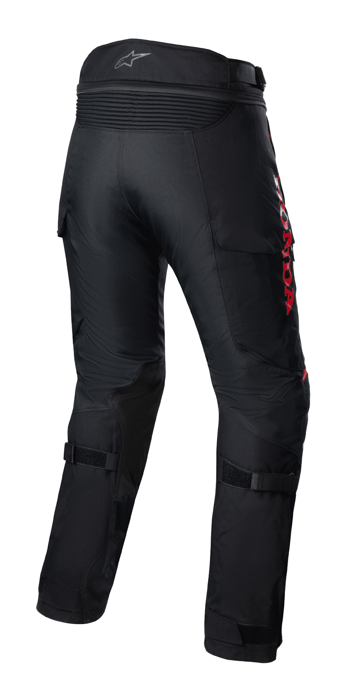 Alpinestars Honda Bogota' Pro Drystar® Hose, Adventure-Motorradtourenhose, Schwarz mit rotem HONDA-Branding, Rückansicht mit Akkordeon-Stretcheinsätzen an der Taille, verstellbaren Riemen an den Waden und strapazierfähiger Textilkonstruktion für Ganzjahres-Adventure-Touren.