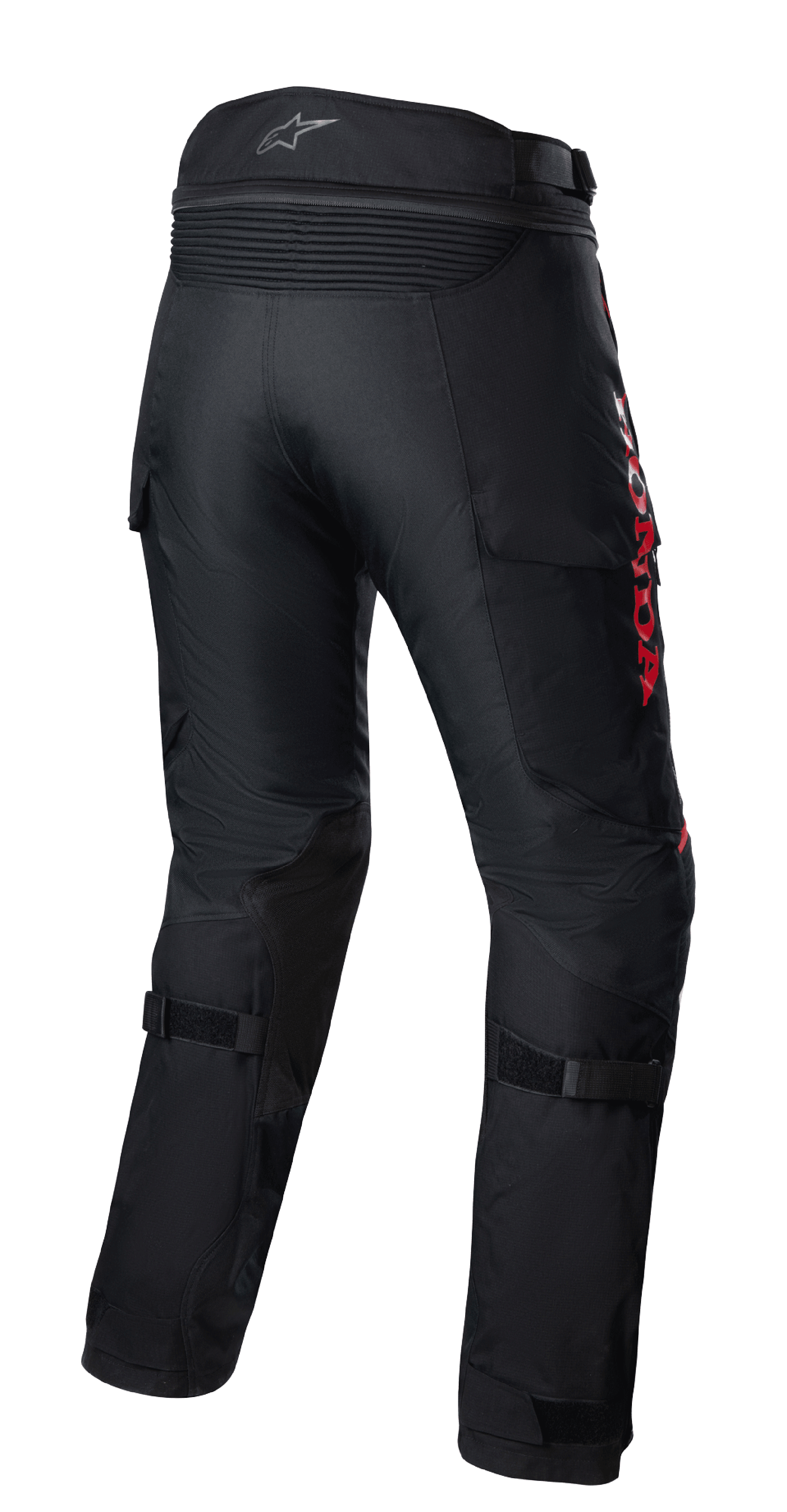 Alpinestars Honda Bogota' Pro Drystar® Hose, Adventure-Motorradtourenhose, Schwarz mit rotem HONDA-Branding, Rückansicht mit Akkordeon-Stretcheinsätzen an der Taille, verstellbaren Riemen an den Waden und strapazierfähiger Textilkonstruktion für Ganzjahres-Adventure-Touren.