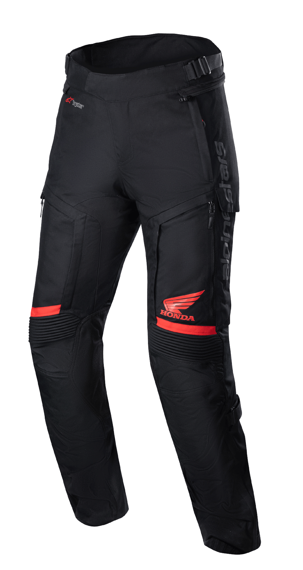 Honda Bogota' Pro Drystar® Hose, Motorrad-Tourenhose, Schwarz und Rot, mit rotem Honda-Flügel-Logo auf dem Oberschenkel, Akkordeon-Stretch-Einsätzen an den Knien, technischer Textilkonstruktion, verstellbaren Taillenriemen und Alpinestars-Branding