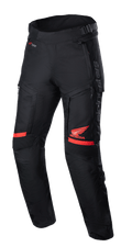 Honda Bogota' Pro Drystar® Hose, Motorrad-Tourenhose, Schwarz und Rot, mit rotem Honda-Flügel-Logo auf dem Oberschenkel, Akkordeon-Stretch-Einsätzen an den Knien, technischer Textilkonstruktion, verstellbaren Taillenriemen und Alpinestars-Branding