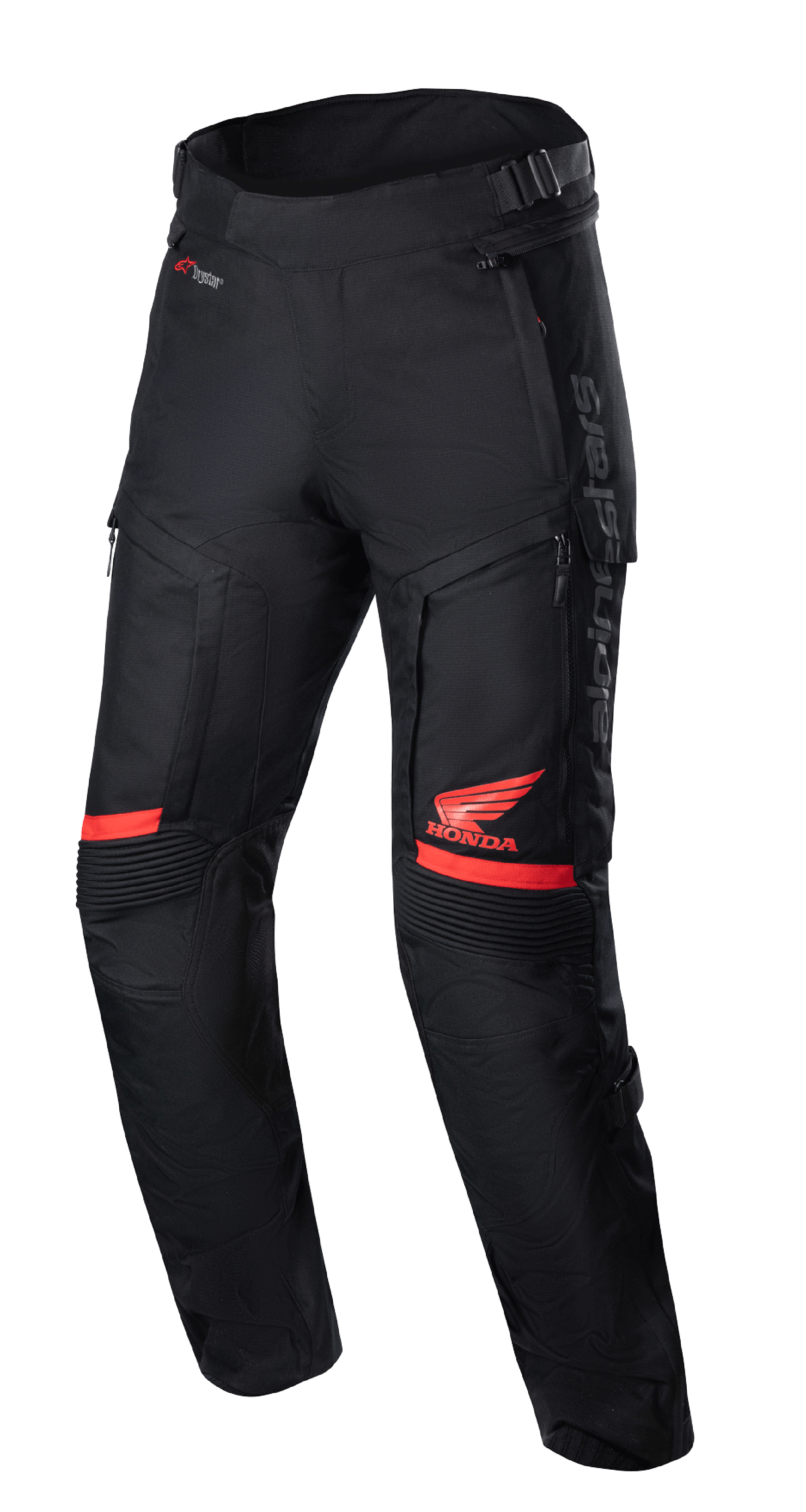 Honda Bogota' Pro Drystar® Hose, Motorrad-Tourenhose, Schwarz und Rot, mit rotem Honda-Flügel-Logo auf dem Oberschenkel, Akkordeon-Stretch-Einsätzen an den Knien, technischer Textilkonstruktion, verstellbaren Taillenriemen und Alpinestars-Branding