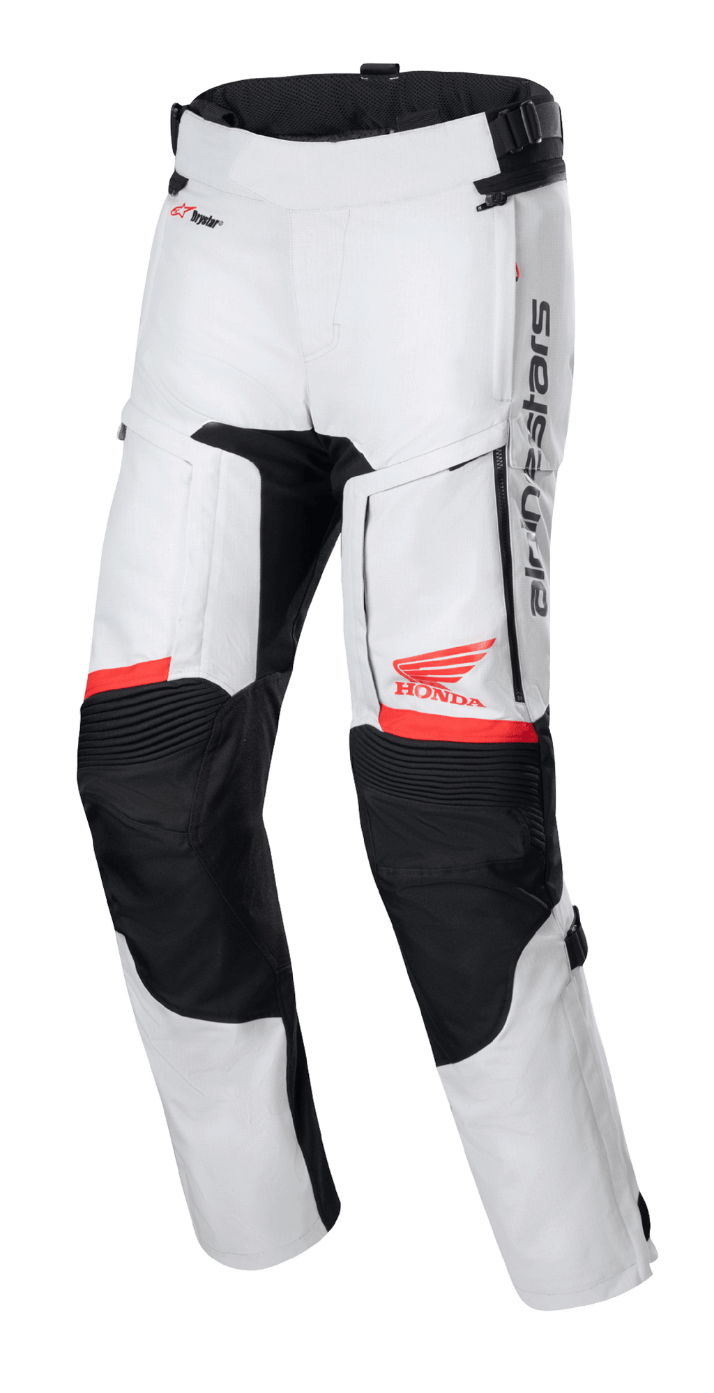 Honda Bogota' Pro Drystar® Pants, Motorcycle Touring Pants, Ice Gray and Black with Red accents, front view showing thigh ventilation panels and accordion knees, red Honda wing and Alpinestars logos, technical waterproof adventure gear