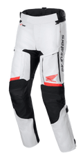 Honda Bogota' Pro Drystar® Pants, Motorcycle Touring Pants, Ice Gray and Black with Red accents, front view showing thigh ventilation panels and accordion knees, red Honda wing and Alpinestars logos, technical waterproof adventure gear