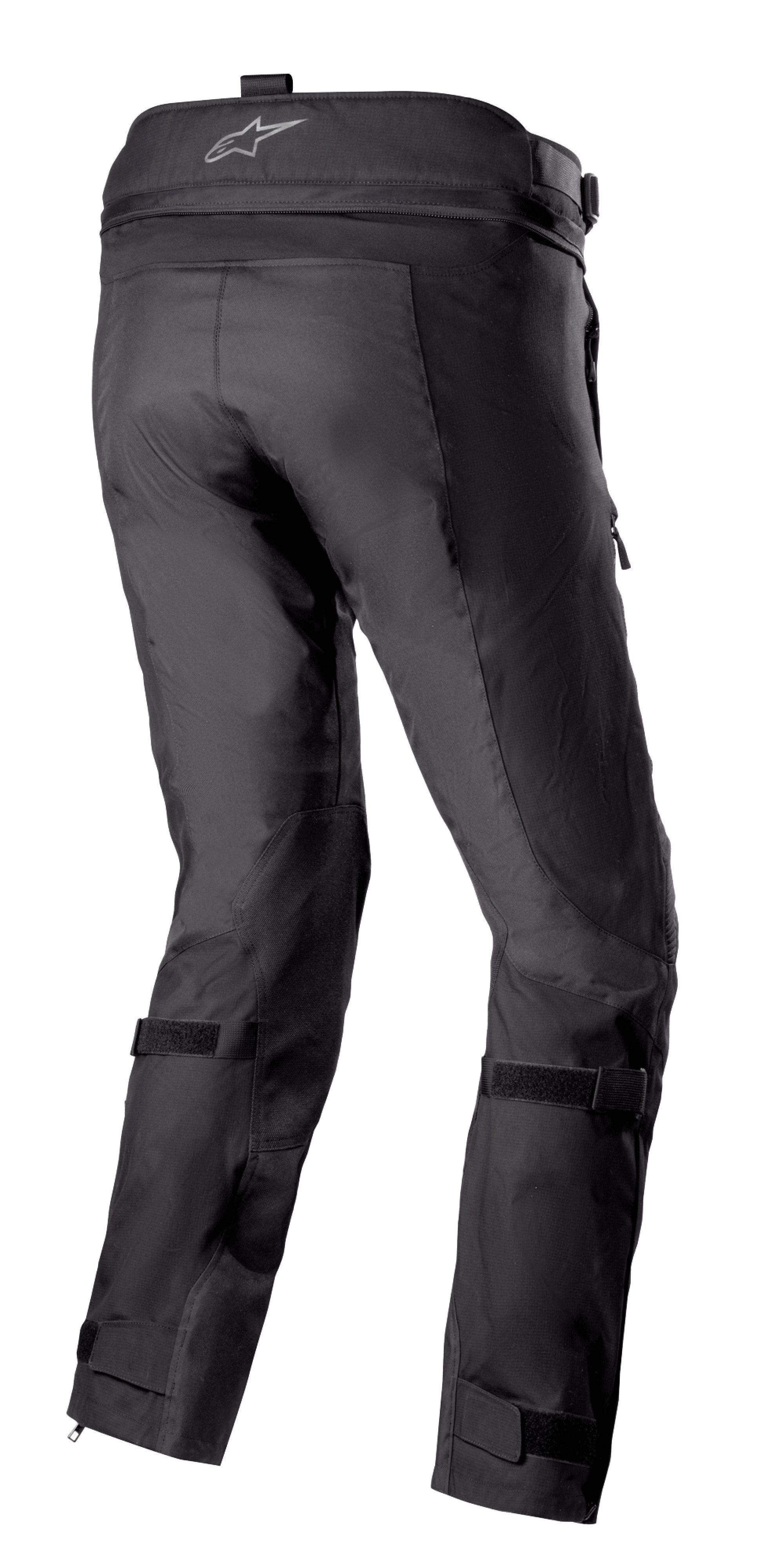 Alpinestars Bogotá Pro Drystar® 3 Seasons Pants, Black adventure touring motorcycle pants shown from the rear, featuring a waistband logo, adjustable leg straps, and technical textile construction with reinforced panels.