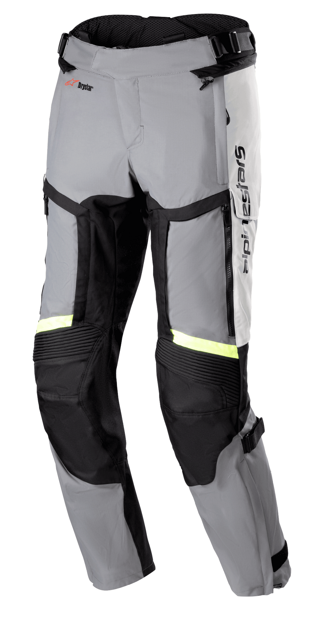 Alpinestars Bogota Pro Drystar 4 Seasons Hose, Motorrad-Tourenhose mit regulärer Passform, Eisgrau und Dunkelgrau mit gelben fluoreszierenden Reflexstreifen, große Belüftungspanels an den Oberschenkeln, Akkordeon-Stretch an den Knien und verstellbare Taillengurte, Adventure-Ausrüstung
