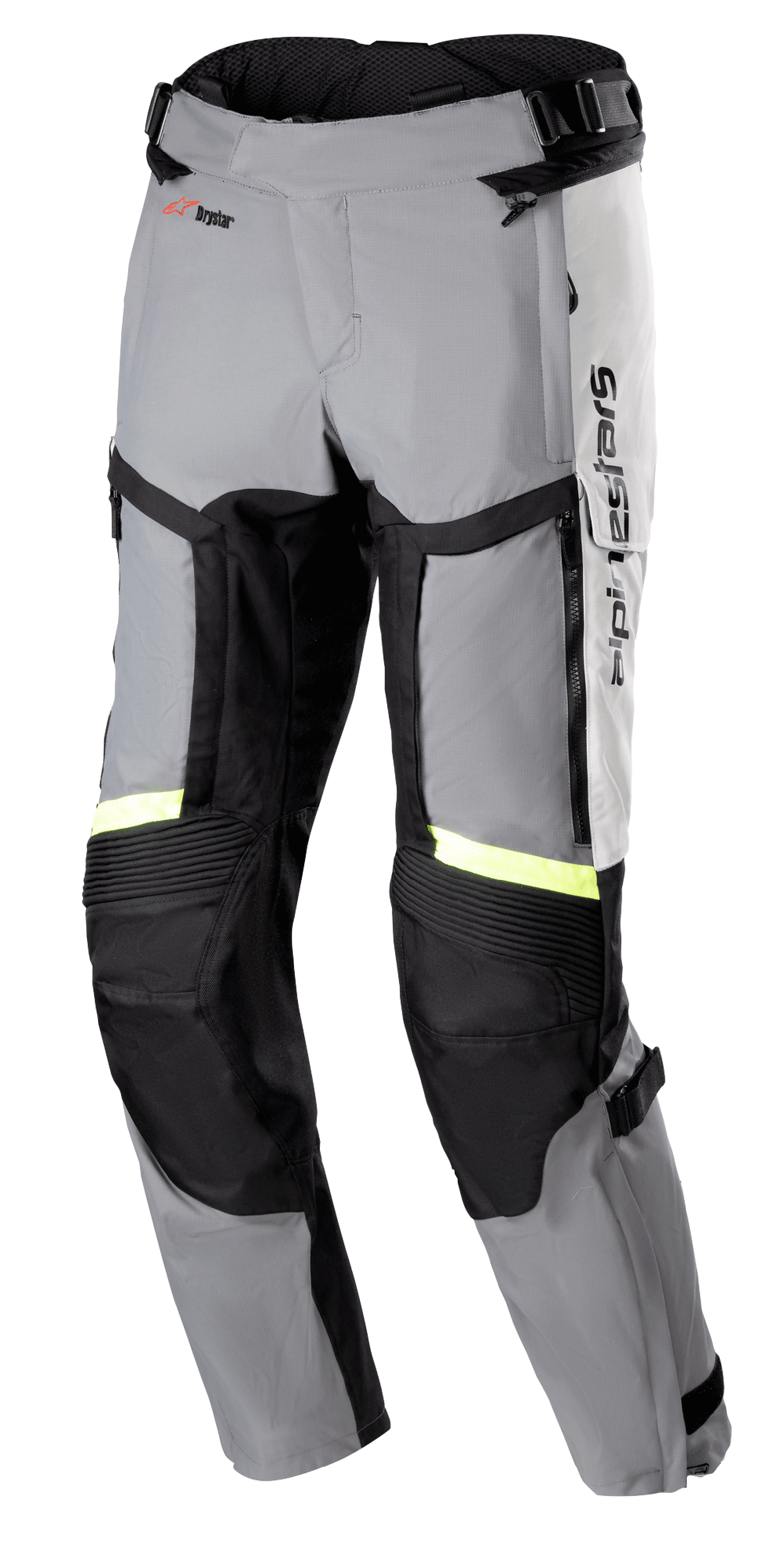 Alpinestars Bogota Pro Drystar 4 Seasons Hose, Motorrad-Tourenhose mit regulärer Passform, Eisgrau und Dunkelgrau mit gelben fluoreszierenden Reflexstreifen, große Belüftungspanels an den Oberschenkeln, Akkordeon-Stretch an den Knien und verstellbare Taillengurte, Adventure-Ausrüstung