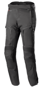 Alpinestars Bogota Pro Drystar 4 Seasons Pants - Long, Black Adventure Motorcycle Touring Pants, featuring ribbed stretch panels at the knees and zippered ventilation panels on the thighs, adjustable waist straps with buckles, and a durable technical textile construction for all-weather protection.