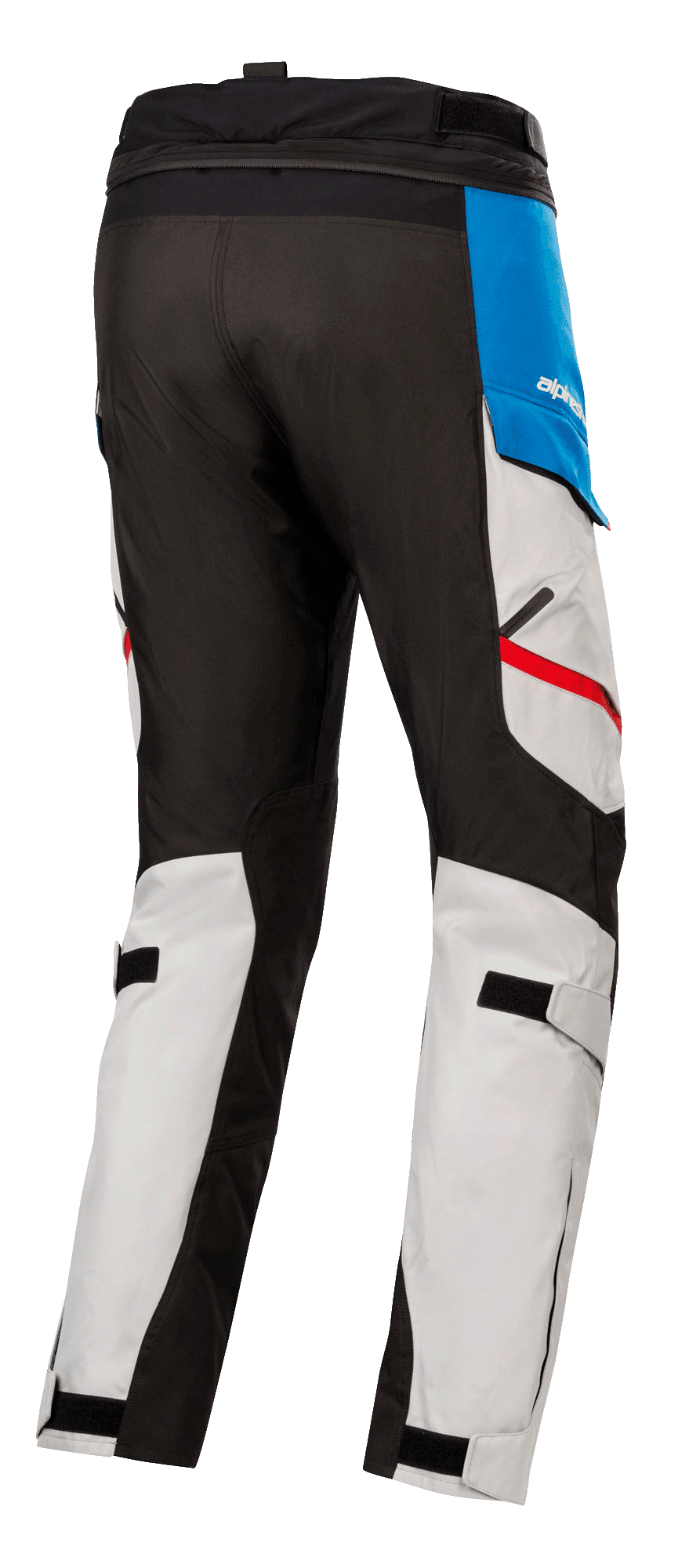 Alpinestars Honda Andes V3 Drystar® Hose, Textil-Motorradhose, Eisgrau mit blauen und leuchtend roten Akzenten, Rückansicht mit schwarzen verstärkten Einsätzen, verstellbaren Wadenriemen und Taillen-Verbindungsreißverschluss.