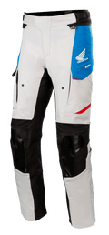 Alpinestars Honda Andes V3 Drystar® Hose, Motorrad-Tourenhose, Eisgrau mit blauen Einsätzen und leuchtend roten Akzenten, verstärkte schwarze Knie- und Innenbeinpartien, Belüftungsöffnungen mit Reißverschluss an den Oberschenkeln, Honda-Flügel-Logo, wasserdichte Adventure-Ausrüstung