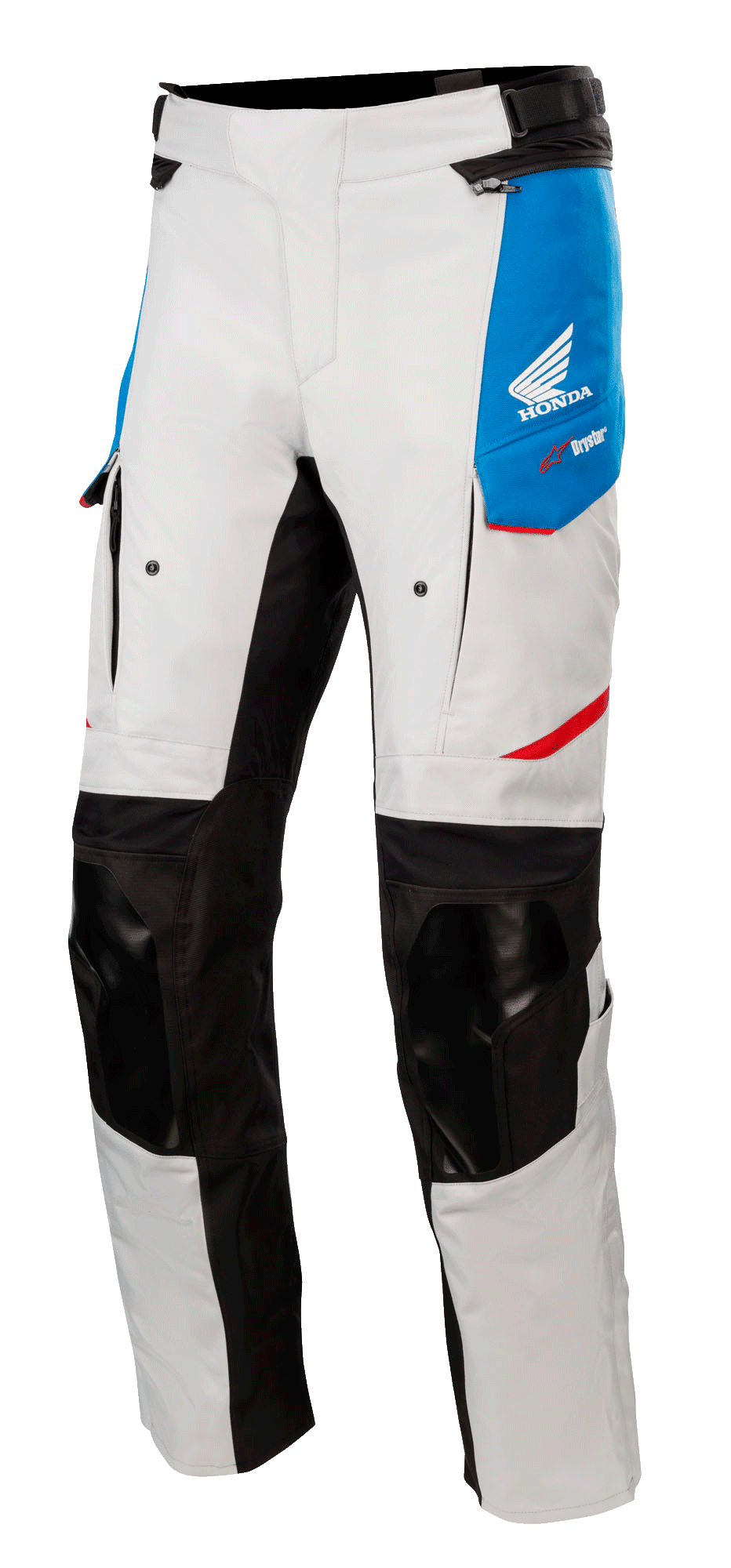 Alpinestars Honda Andes V3 Drystar® Hose, Motorrad-Tourenhose, Eisgrau mit blauen Einsätzen und leuchtend roten Akzenten, verstärkte schwarze Knie- und Innenbeinpartien, Belüftungsöffnungen mit Reißverschluss an den Oberschenkeln, Honda-Flügel-Logo, wasserdichte Adventure-Ausrüstung