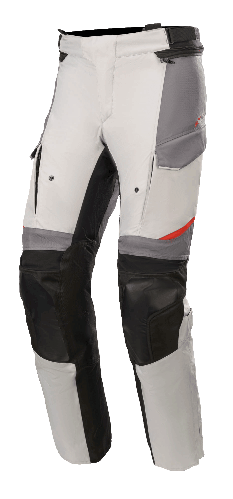 Alpinestars Andes V3 Drystar® Hose, Motorrad-Adventure-Tourenhose, Eisgrau und Dunkelgrau mit schwarzen Akzenten, verstärkte Kniepaneele, Taschen im Cargo-Stil, verstellbarer Taillengurt, strapazierfähiges Textilmaterial mit roten Details