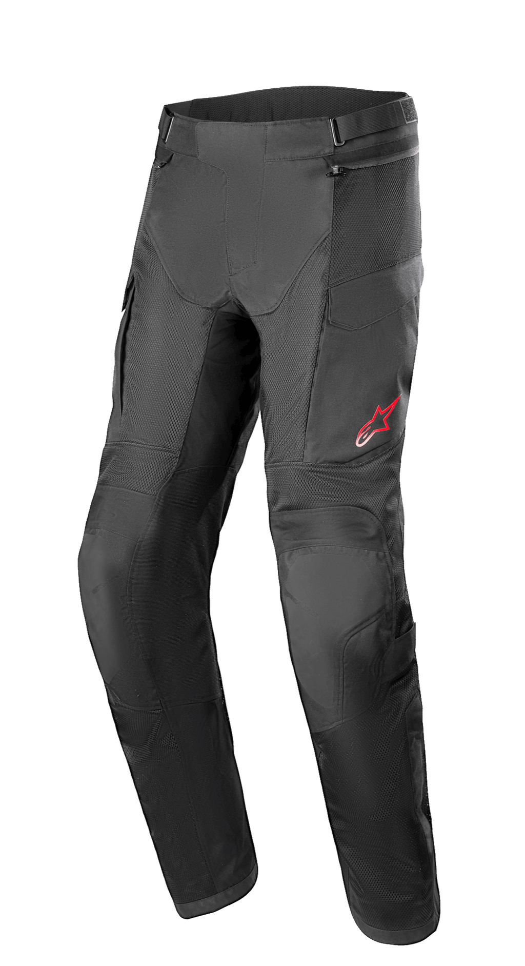 Alpinestars Andes Air Drystar® Pants, Adventure Touring Motorcycle Pants, Black, featuring extensive mesh panels for ventilation, red star logo on the left thigh, adjustable waist straps, and reinforced knee sections, designed for touring comfort.