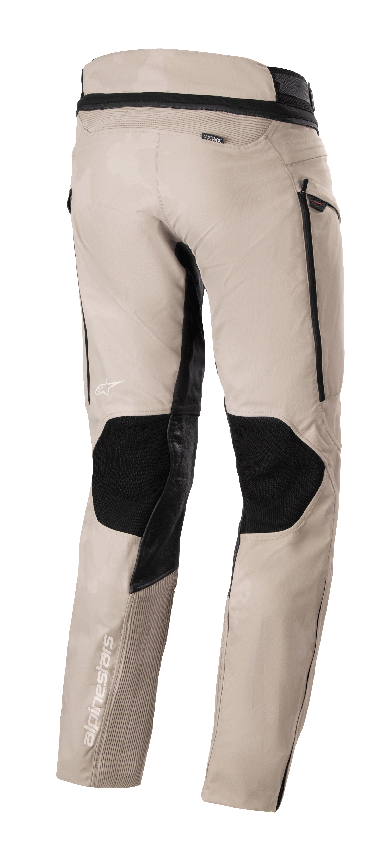Alpinestars AMT-10LAB Drystar® XF Hose, Aluminum Camo Adventure-Tourenhose, Rückansicht mit schwarzen Schutzpaneelen, MATRYX®-Branding und weißen Alpinestars-Logos auf einem Multi-Material-Chassis.