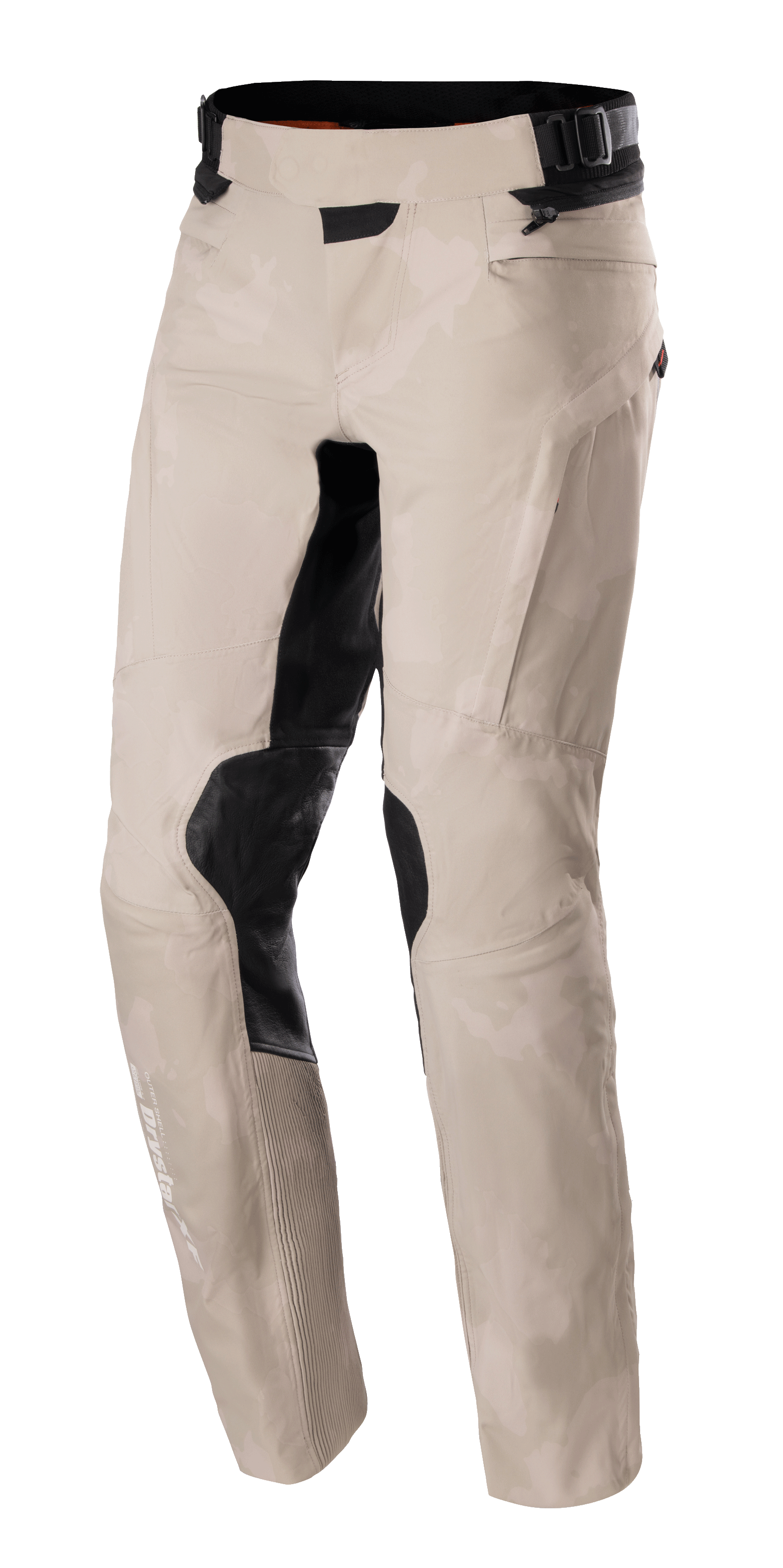 Alpinestars AMT-10LAB Drystar® XF Hose, Adventure-Motorradhose, Aluminum Camo, hellgraues Camouflage-Muster mit schwarzen Verstärkungspanälen an den Knien und Oberschenkelinnenseiten, technische Textilkonstruktion mit verstellbarem Bund und Drystar-Branding am Unterschenkel