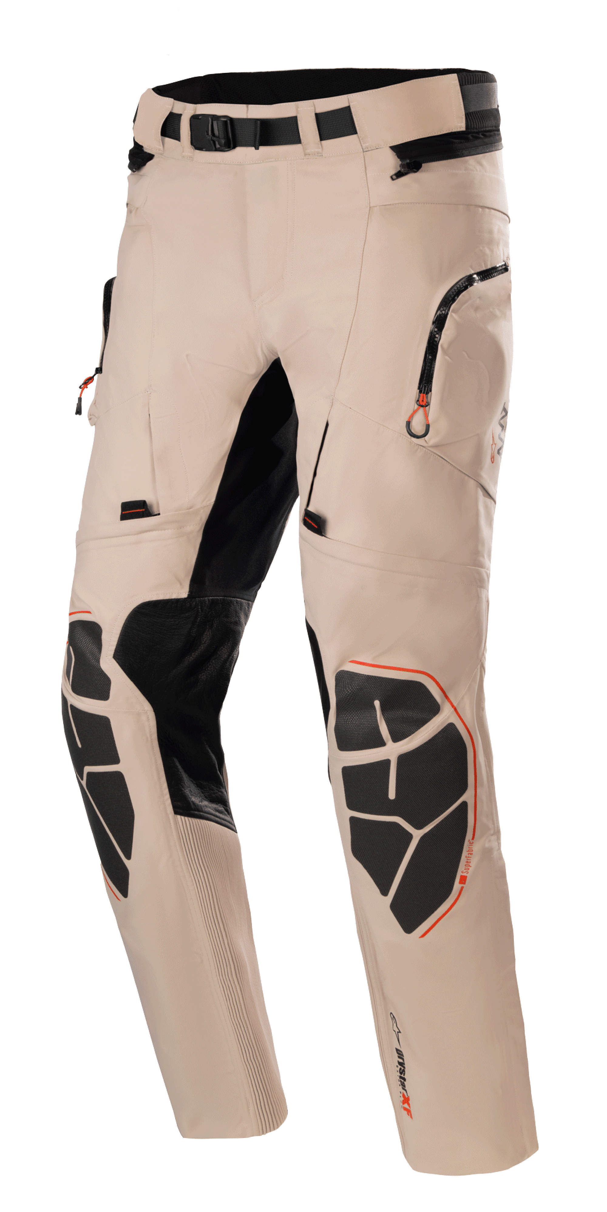Alpinestars AMT-10R Drystar Xf Hose, Motorrad-Adventure-Touringhose, Hellbraun mit schwarzen und orangefarbenen Akzenten, wasserdichte atmungsaktive Konstruktion, verstärkte Superfabric-Kniepolster, verstellbarer Taillengürtel, Reißverschlusstaschen, Stretcheinsätze für Flexibilität