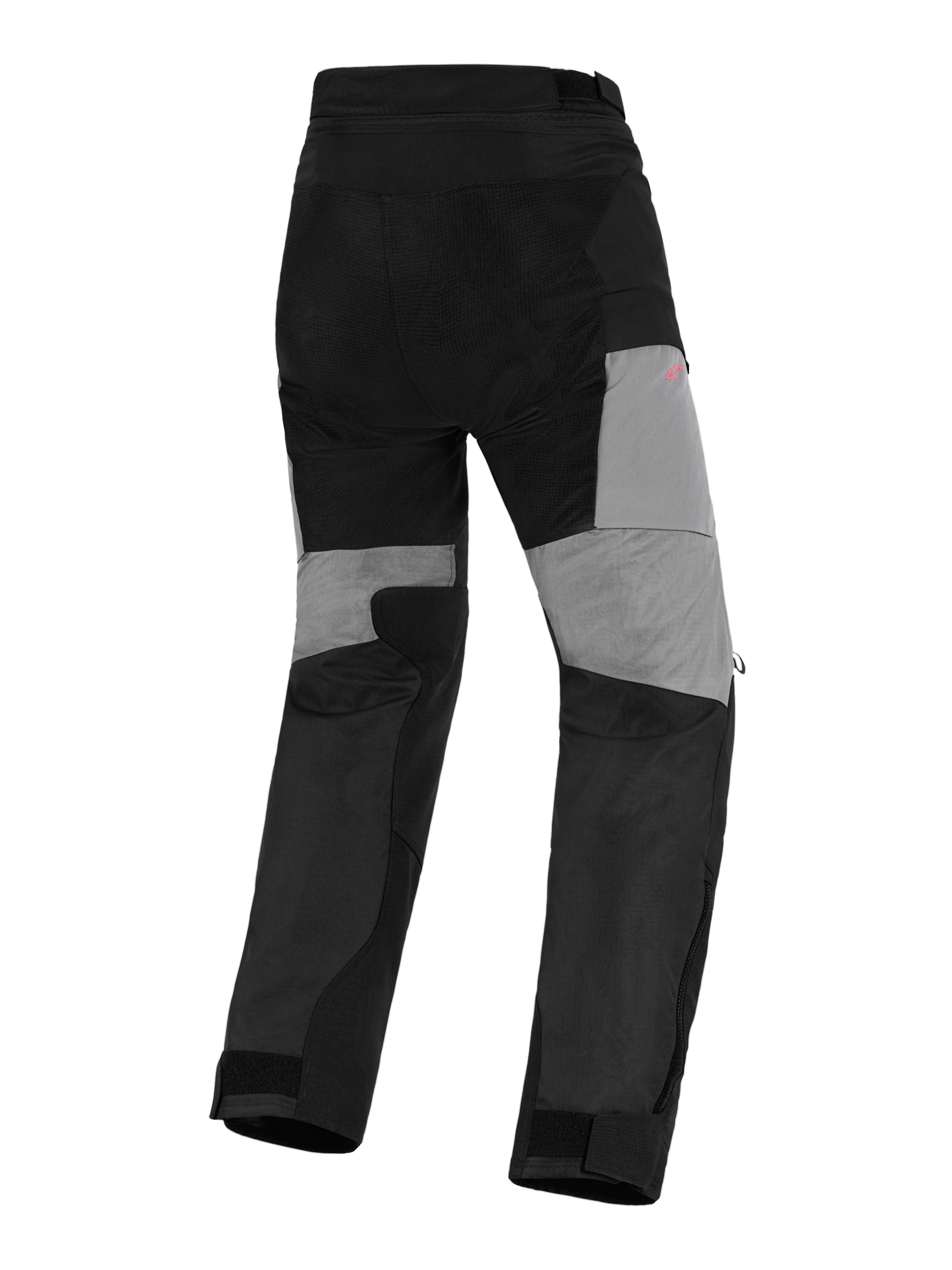 Alpinestars Stella Andes V4 Drystar® Hose, Adventure-Motorradhose für Damen, Schwarz und Dunkelgrau, Rückansicht mit grauen Einsätzen an den Beinrückseiten, strapazierfähigen Ripstop-Verstärkungen am Gesäß und Stretch-Zonen für mehr Bewegungsfreiheit, wasserdichtes Textildesign.