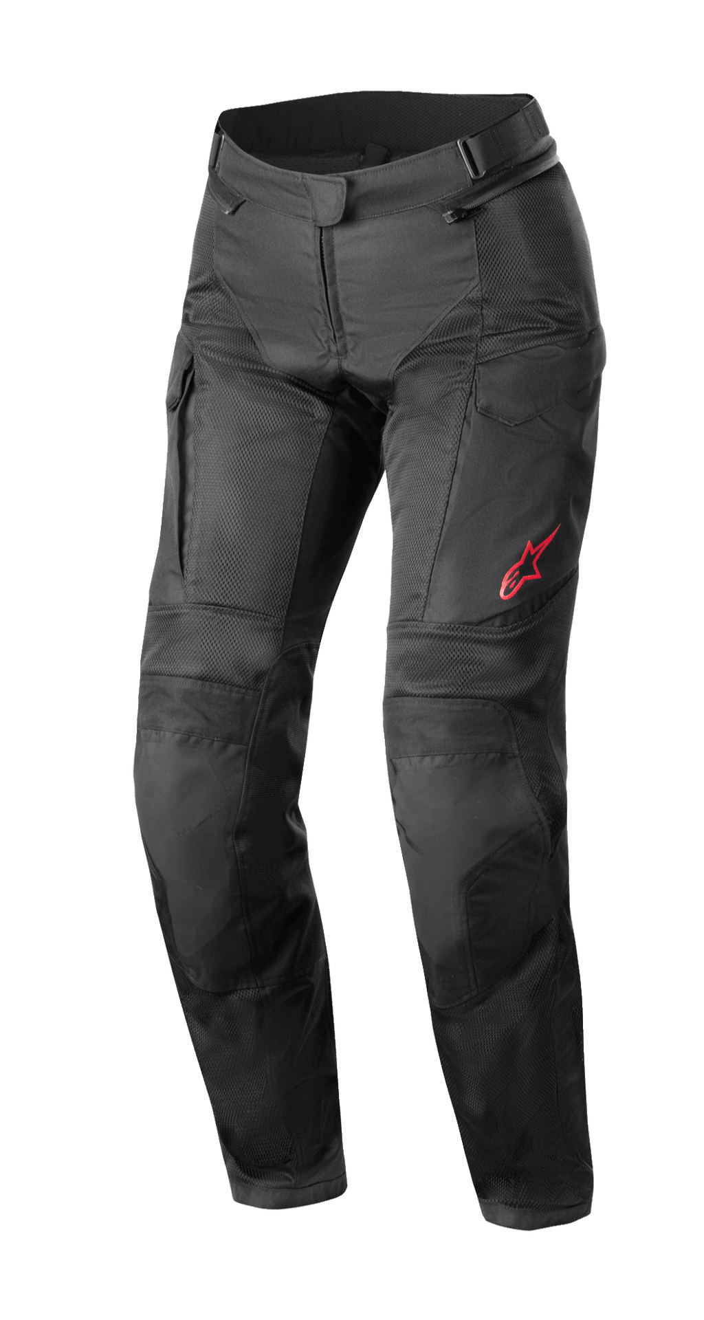 Alpinestars Stella Andes Air Drystar® Pants, Women's Motorcycle Touring Pants, Black, featuring large mesh panels for ventilation, cargo pockets, and a red Alpinestars logo on the left thigh, technical textile design for multi-season riding