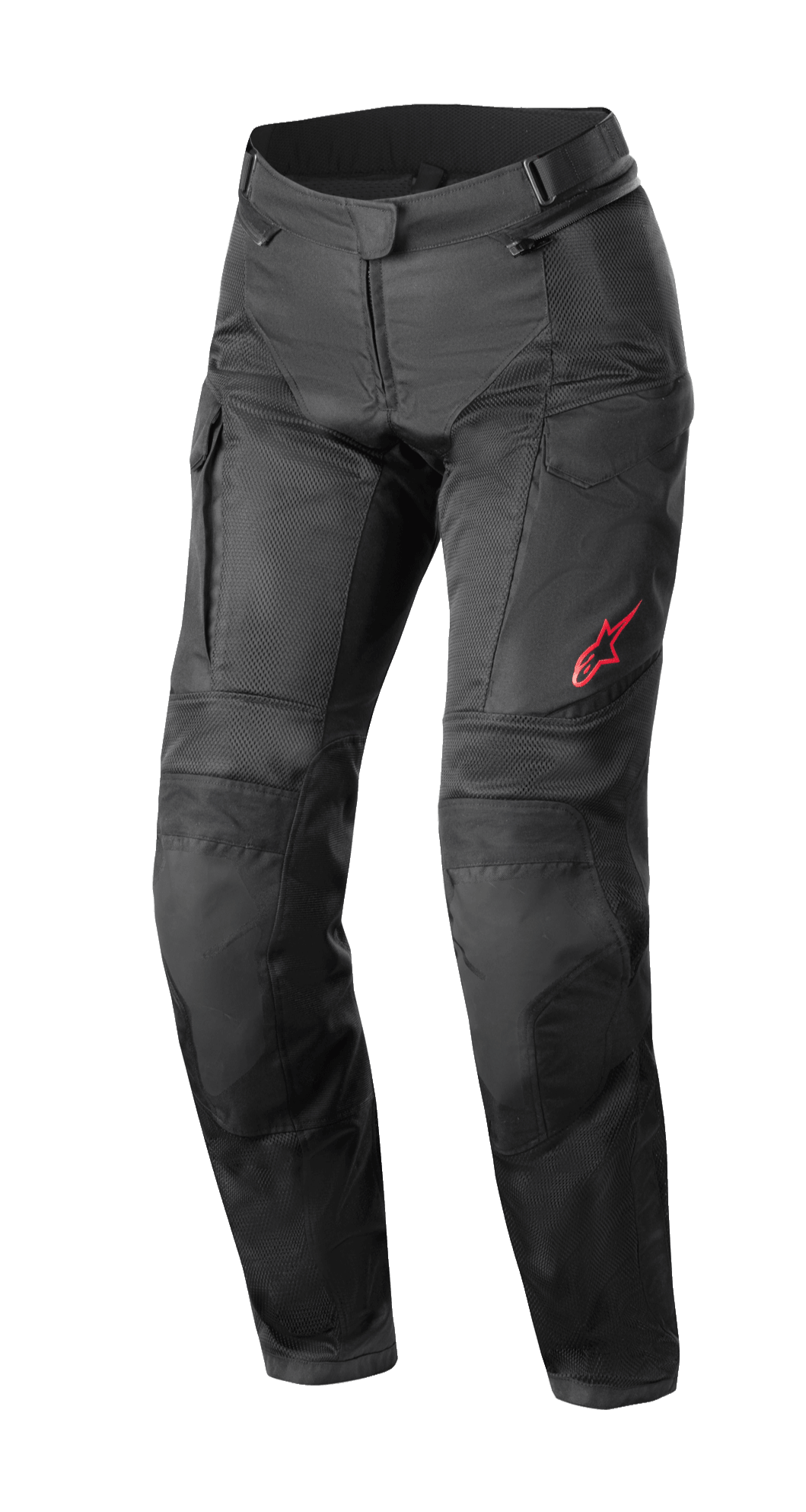 Alpinestars Stella Andes Air Drystar® Pants, Women's Motorcycle Touring Pants, Black, featuring large mesh panels for ventilation, cargo pockets, and a red Alpinestars logo on the left thigh, technical textile design for multi-season riding