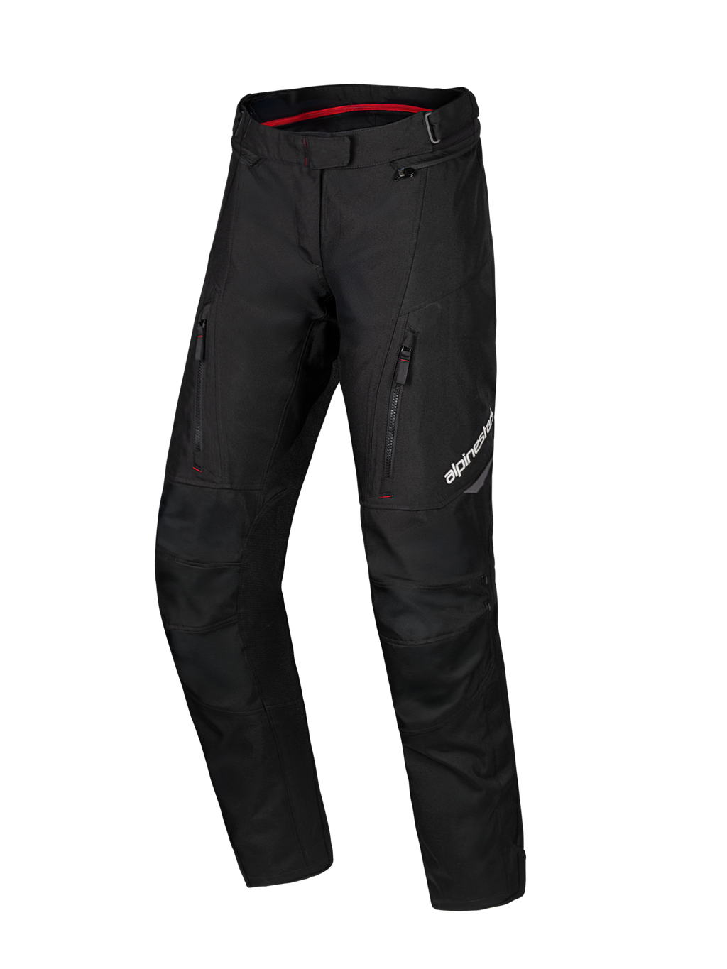 Alpinestars Honda Stella ST-1 Wasserdichte Hose, schwarze Damen-Motorrad-Tourenhose, rote Innenfütterung am Bund, zwei vertikale Reißverschlusstaschen an den Oberschenkeln, Alpinestars-Logo am Bein, strapazierfähige Textil-Adventure-Ausrüstung