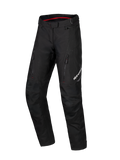 Alpinestars Honda Stella ST-1 Wasserdichte Hose, schwarze Damen-Motorrad-Tourenhose, rote Innenfütterung am Bund, zwei vertikale Reißverschlusstaschen an den Oberschenkeln, Alpinestars-Logo am Bein, strapazierfähige Textil-Adventure-Ausrüstung