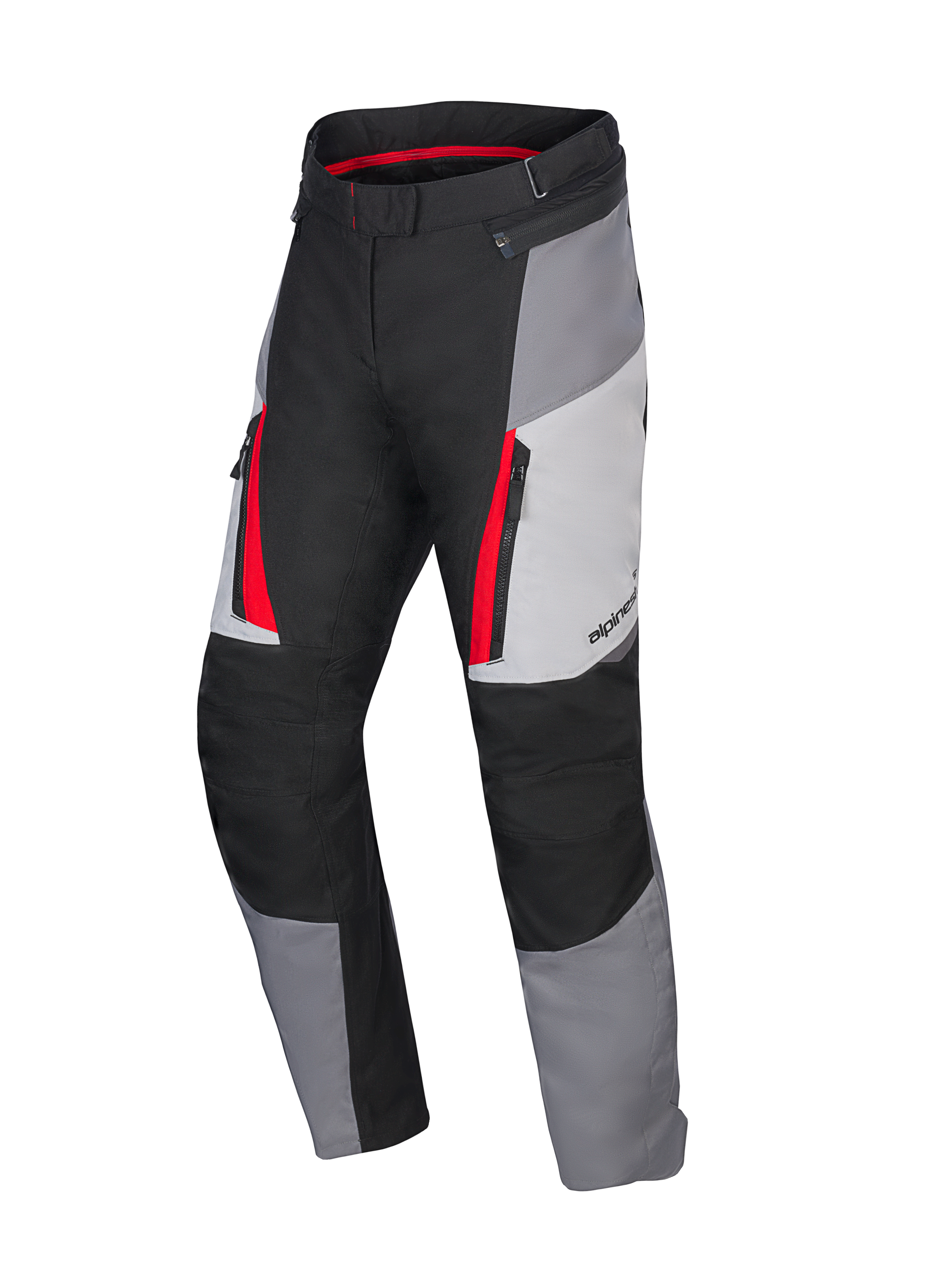 Alpinestars Honda Stella ST-1 Wasserdichte Hose, Damen-Motorrad-Tourenhose, Ice Gray, Dunkelgrau und Schwarz mit roten Akzenten, Reißverschluss-Cargotaschen, ergonomische Textilkonstruktion, verstellbarer Bund