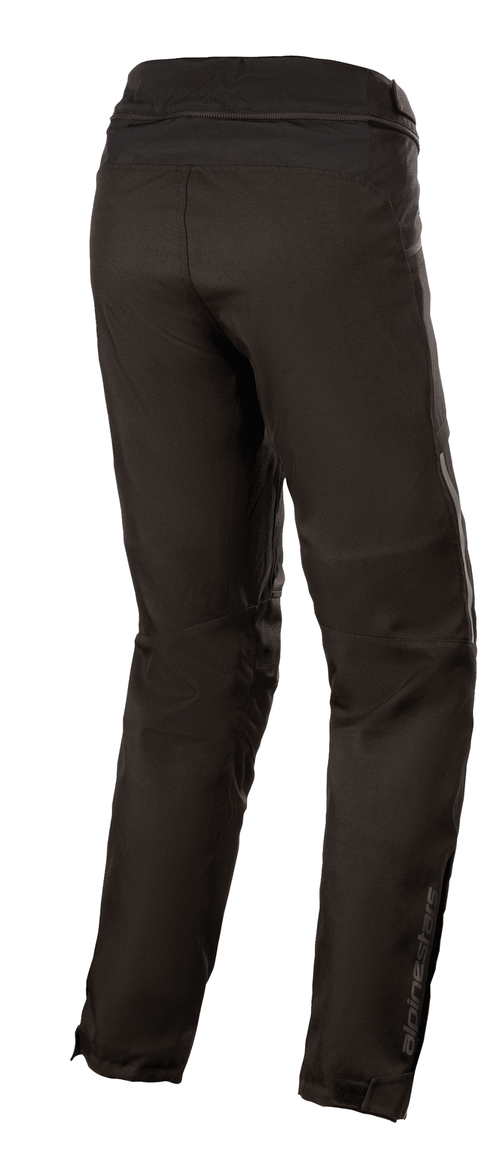 Alpinestars Stella AST-1 V2 Waterproof Pants, Women's Textile Motorcycle Pants, Black, rear three-quarter view showing waist connection zipper, pre-curved legs, and reflective Alpinestars logo on the lower calf
