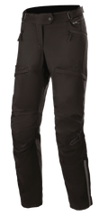 Alpinestars Stella AST-1 V2 Waterproof Pants, Women's Motorcycle Touring Pants, Black, featuring zippered hand pockets, reinforced knee panels, adjustable waist belt, and reflective accents.