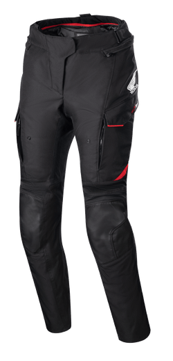 Alpinestars Stella Honda Andes V3 Drystar® Hose, Damen-Motorradhose aus Textil, Schwarz mit leuchtend roten Akzenten, Honda und Alpinestars Branding, Cargotaschen mit rotem Besatz, verstärkte Knieeinsätze, verstellbarer Taillenriegel, rotes Innenfutter am Bund
