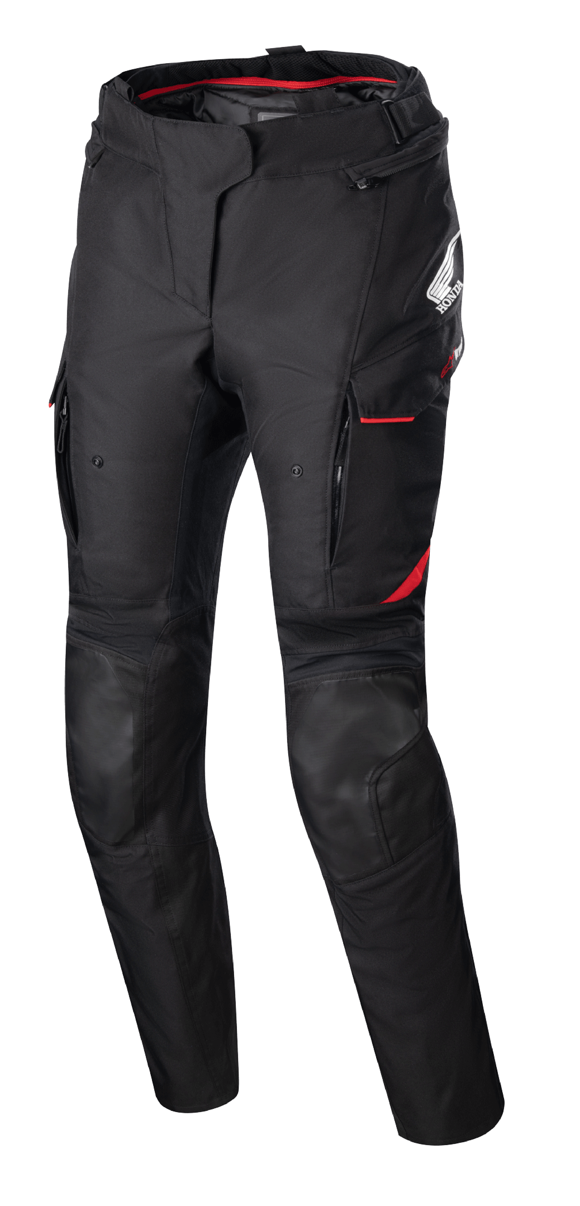 Women Stella Honda Andes V3 Drystar® Pants, textile motorcycle pants, Black with Bright Red accents, featuring Honda and Alpinestars branding, cargo pockets with red trim, reinforced knee panels, adjustable waist strap, and red interior lining at the waist
