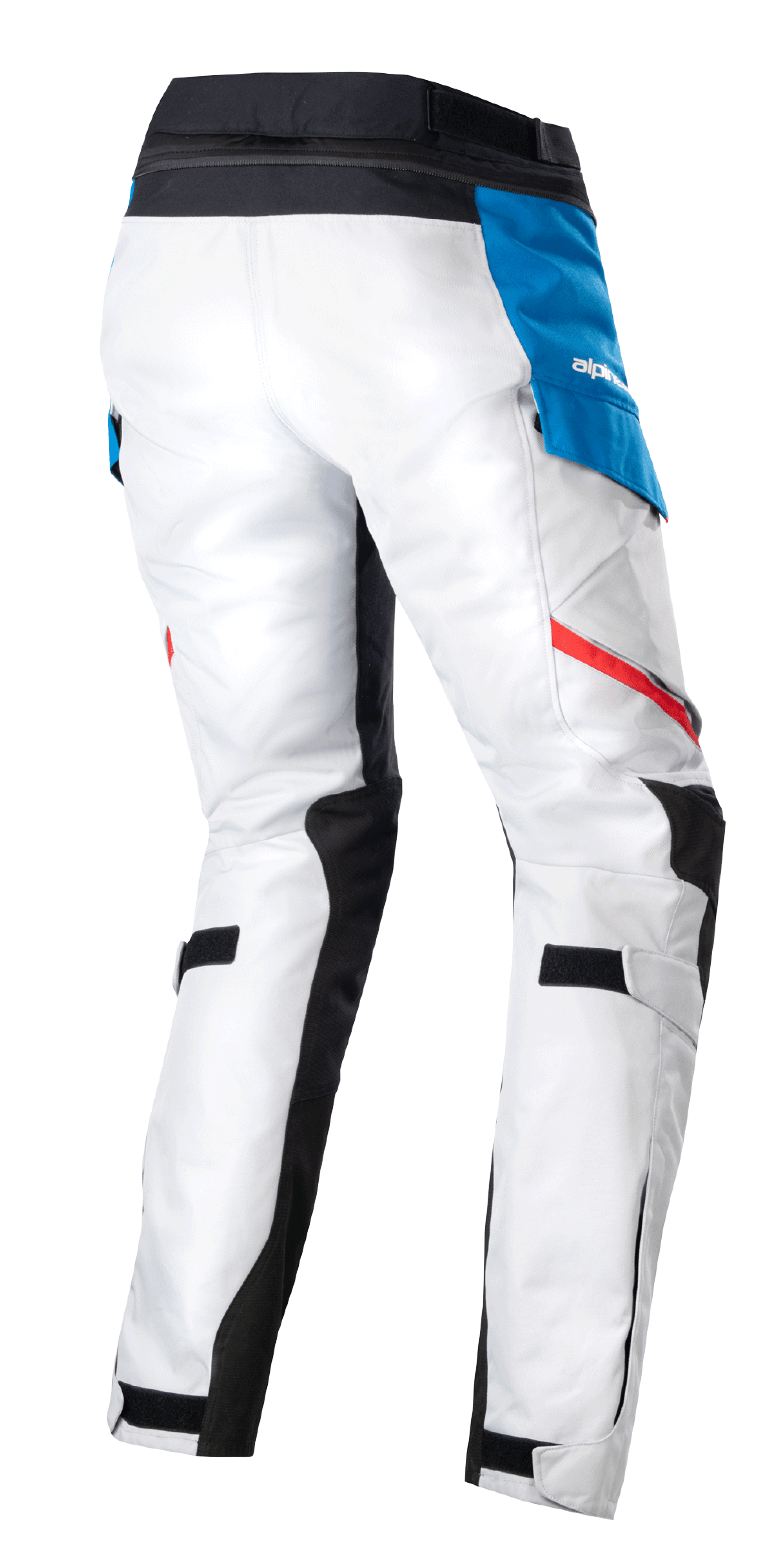 Alpinestars Damen Stella Honda Andes V3 Drystar® Hose, Adventure-Touring-Motorradhose, Ice Gray Blau Hellrot, Rückansicht mit eisgrauer Textilkonstruktion, blauer Seitentasche mit weißem Logo, schwarzem Hosenbund und roten Akzentstreifen