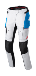 Alpinestars Stella Honda Andes V3 Drystar Damen-Hose, Motorrad-Tourenhose, Eisgrau mit blauen und leuchtend roten Akzenten, schwarze verstärkte Knieeinsätze, Cargo-Taschen und Honda-Branding, wasserdichtes Adventure-Riding-Design