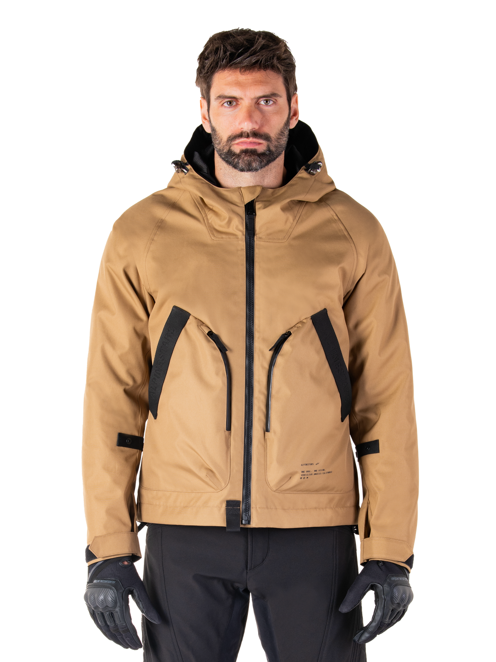 Alpinestars Morush Wasserdichter Parka, Motorradjacke mit Kapuze in Utility Brown und Schwarz, Urban-Fahrbekleidung, Vorderansicht mit schwarzem Reißverschluss und großen schrägen Taschen