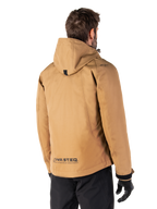 Alpinestars Morush wasserdichter Parka, Motorradjacke, Utility Brown, Rückansicht mit Kapuze und reflektierendem MO.ST.EQ. Branding, urbanes, von Streetwear inspiriertes Design mit modernem Nutzen für Motorradfahrer