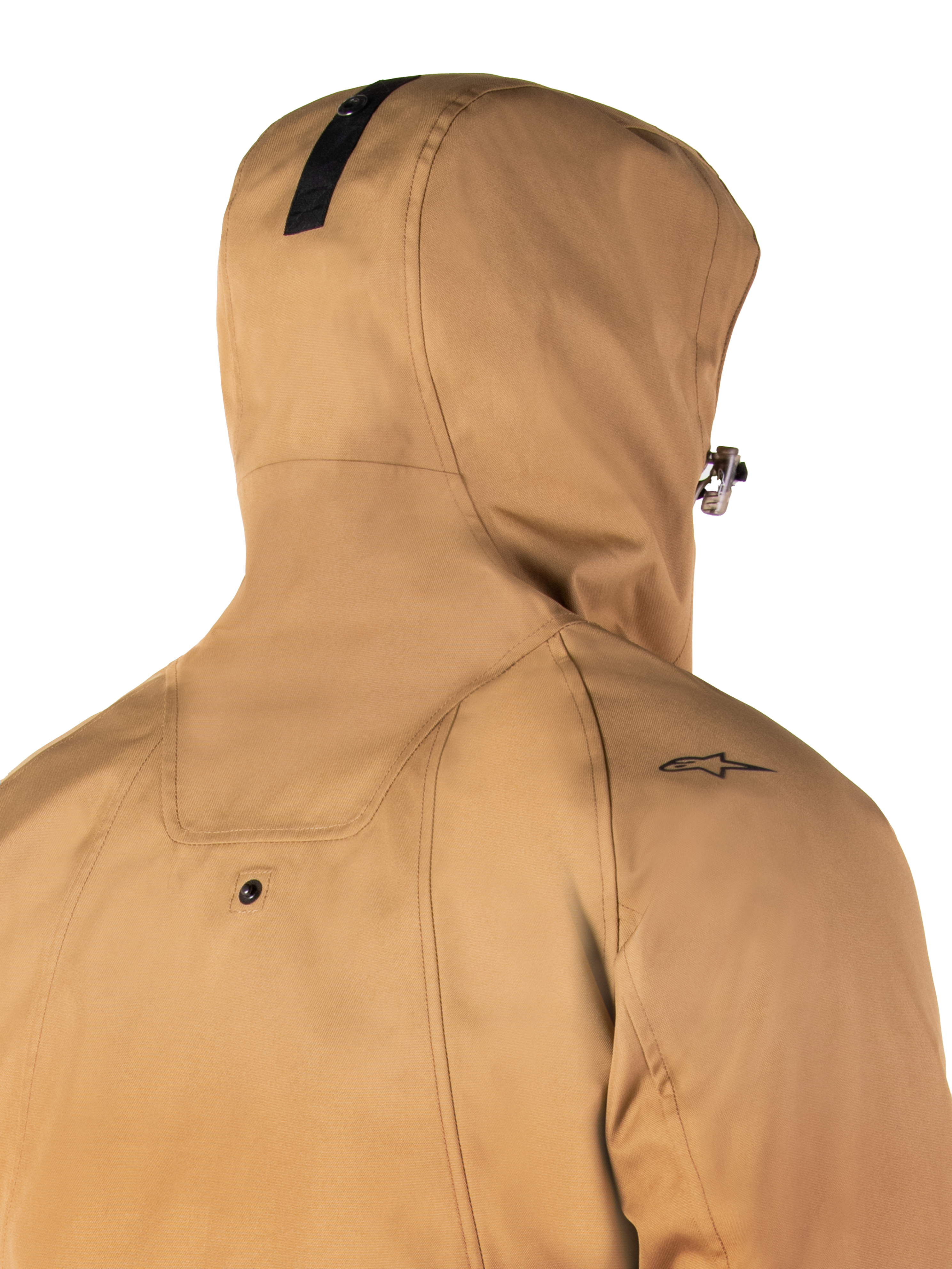Alpinestars Morush Wasserdichter Parka, Utility Brown, Nahaufnahme von Rücken und Kapuze, mit kleinem schwarzem Stern-Logo auf der Schulter und Druckknopf zur Kapuzenfixierung, wasserdichte urbane Motorradjacke