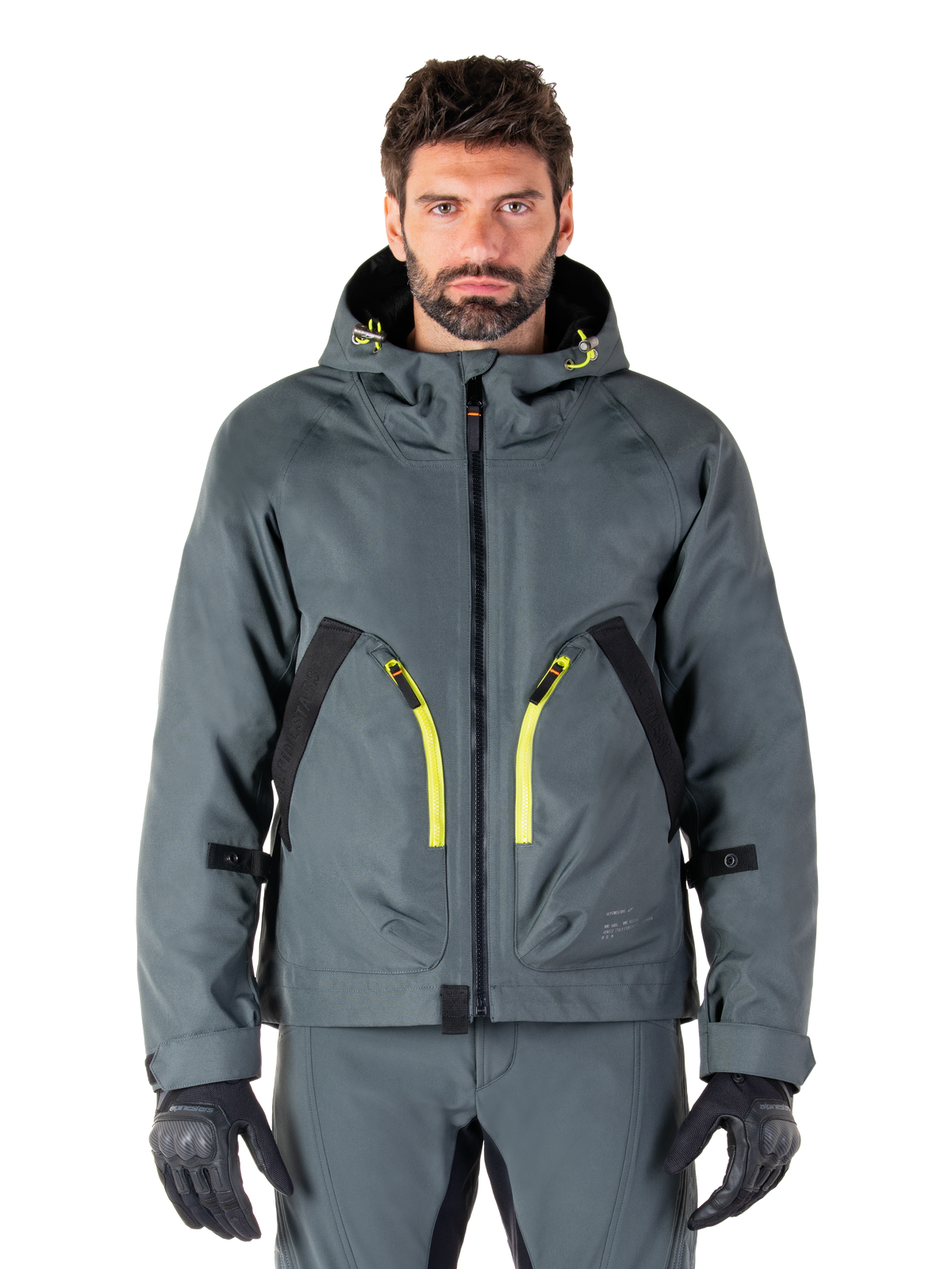 Alpinestars Morush Waterproof Parka, urban-graue Motorradjacke, leuchtend gelbe Reißverschlüsse und schwarze Akzente, Kapuzendesign mit großen Vordertaschen, technisches, von Streetwear inspiriertes Styling