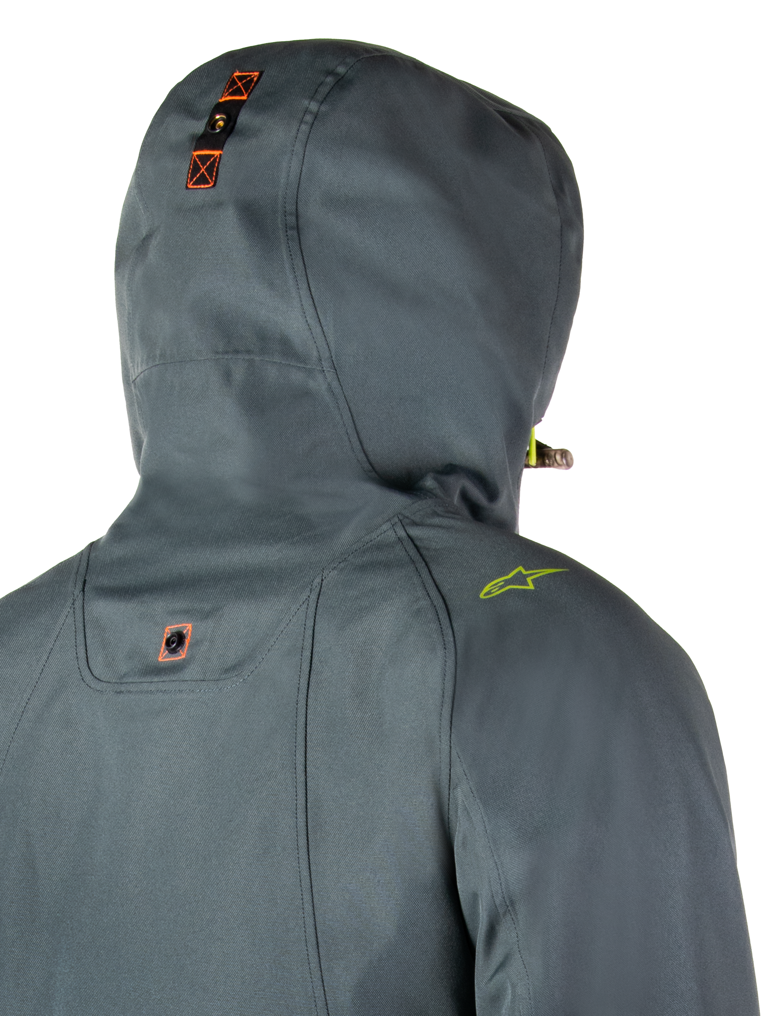 Alpinestars Morush Wasserdichter Parka, Urban Gray, detaillierte Rückansicht der Kapuze mit Druckknopf-Verankerungssystem und orangefarbenen Akzenten, limettengrünes Schulterlogo, wasserdichte urbane Motorrad-Streetwear