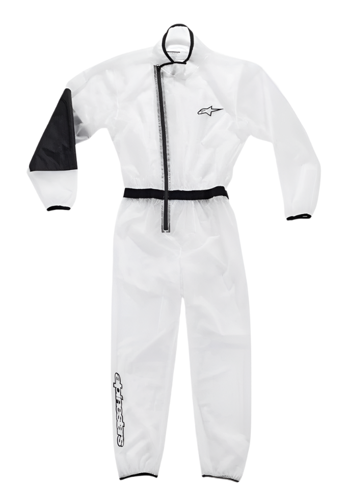 Alpinestars Jugend-Kart-Regenanzug, transparenter wasserdichter Überanzug, Transparent mit schwarzen Akzenten, verstärkter schwarzer Einsatz am rechten Ellbogen, asymmetrischer Frontreißverschluss, elastischer Bund und Bündchen, Alpinestars-Logos auf Brust und Unterschenkel, Spezialausrüstung für Kartrennen bei nassem Wetter