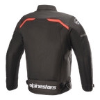 Alpinestars T-SPS Superair Jacke, Textil-Motorradjacke, Schwarz mit leuchtend roten Akzenten, Rückansicht mit großen Mesh-Belüftungseinsätzen, rote Paspelierung über den Schultern und auffälliges weißes Alpinestars-Branding am unteren Rücken.