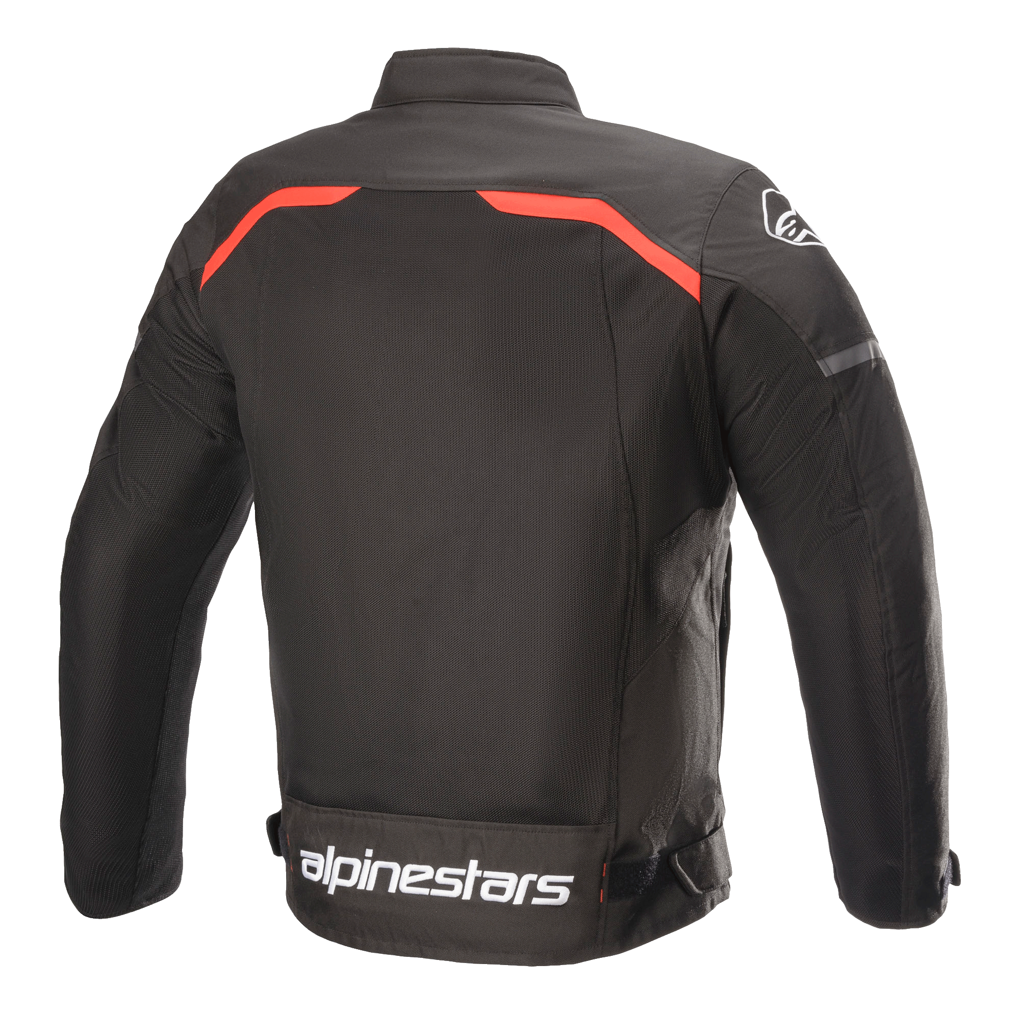 Alpinestars T-SPS Superair Jacke, Textil-Motorradjacke, Schwarz mit leuchtend roten Akzenten, Rückansicht mit großen Mesh-Belüftungseinsätzen, rote Paspelierung über den Schultern und auffälliges weißes Alpinestars-Branding am unteren Rücken.