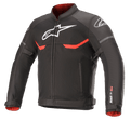 Alpinestars T-SPS Superair Jacke, Motorrad-Textiljacke, Schwarz mit leuchtend roten und weißen Akzenten, Mesh-Belüftungseinsätze, weißes Astars-Logo auf Brust und Schultern, rotes Innenfutter